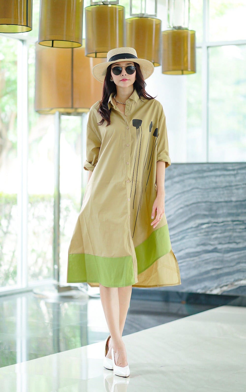 Warm Beige Plastisol Print Cotton Tunic Dress