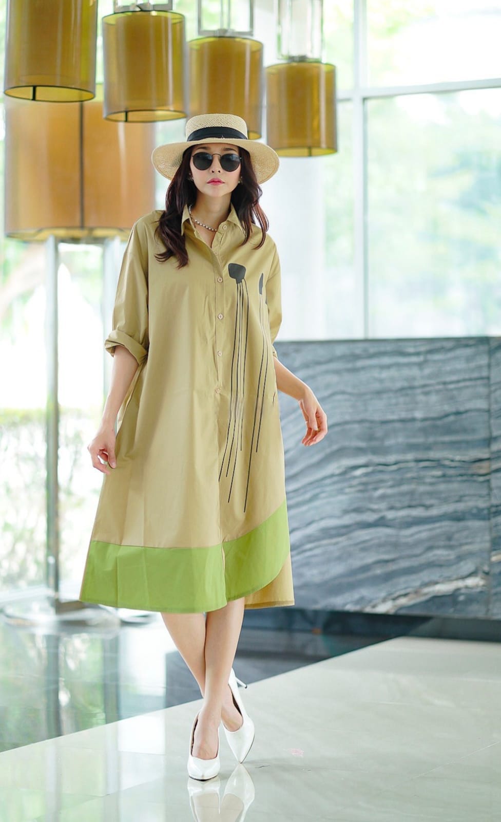 Warm Beige Plastisol Print Cotton Tunic Dress