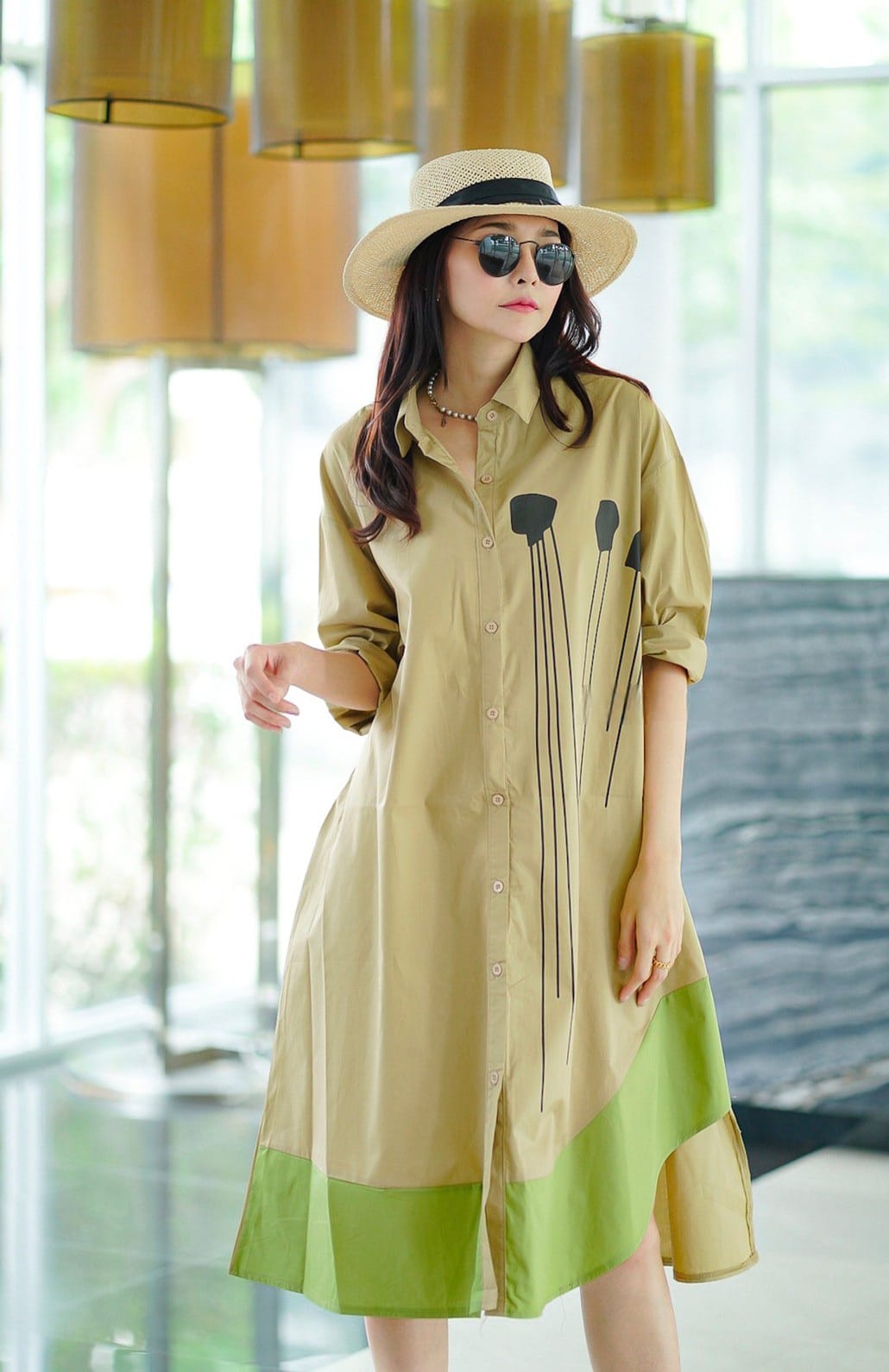 Warm Beige Plastisol Print Cotton Tunic Dress
