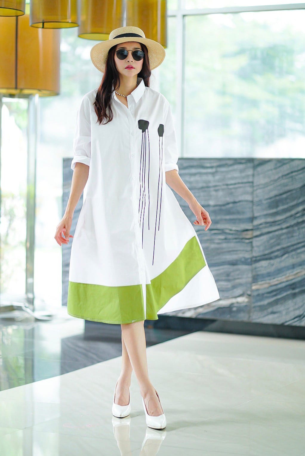 White Plastisol Print Cotton Tunic Dress