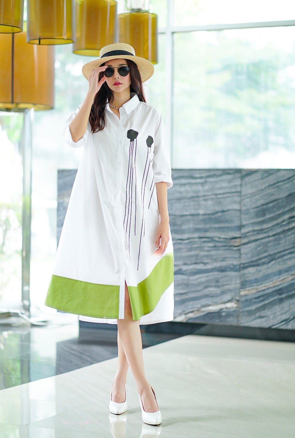 White Plastisol Print Cotton Tunic Dress