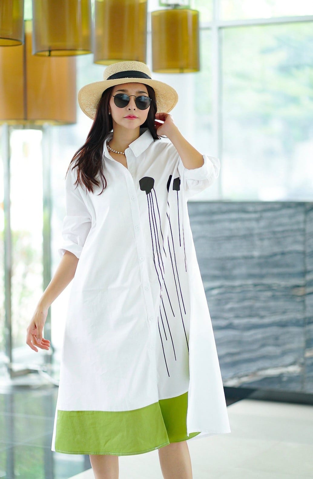 White Plastisol Print Cotton Tunic Dress