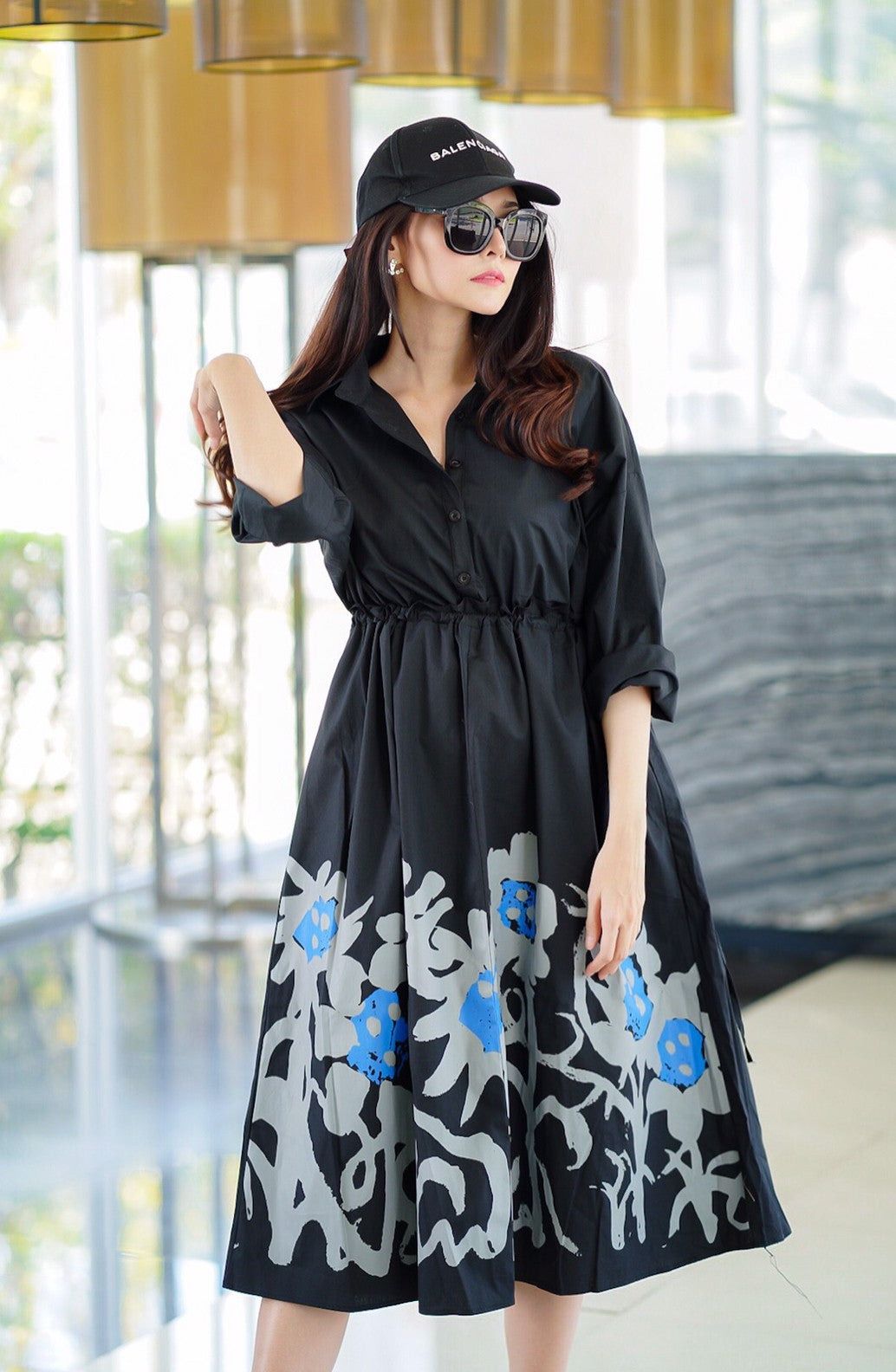 Black Minimalist Botanical Print Tunic Dress