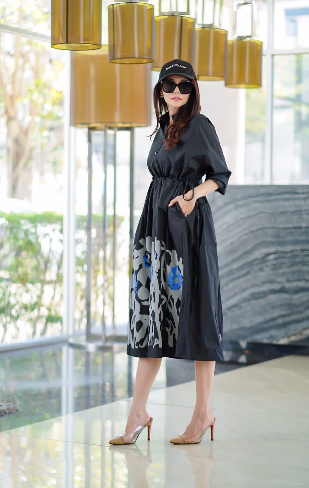 Black Minimalist Botanical Print Tunic Dress