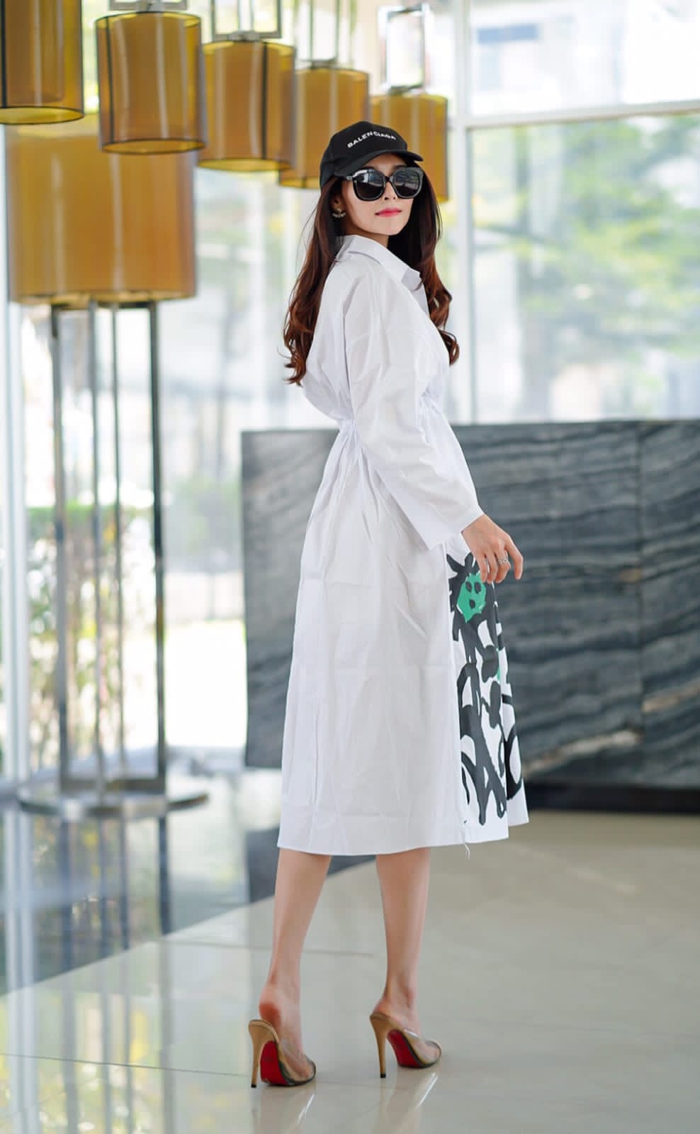 White Minimalist Botanical Print Tunic Dress