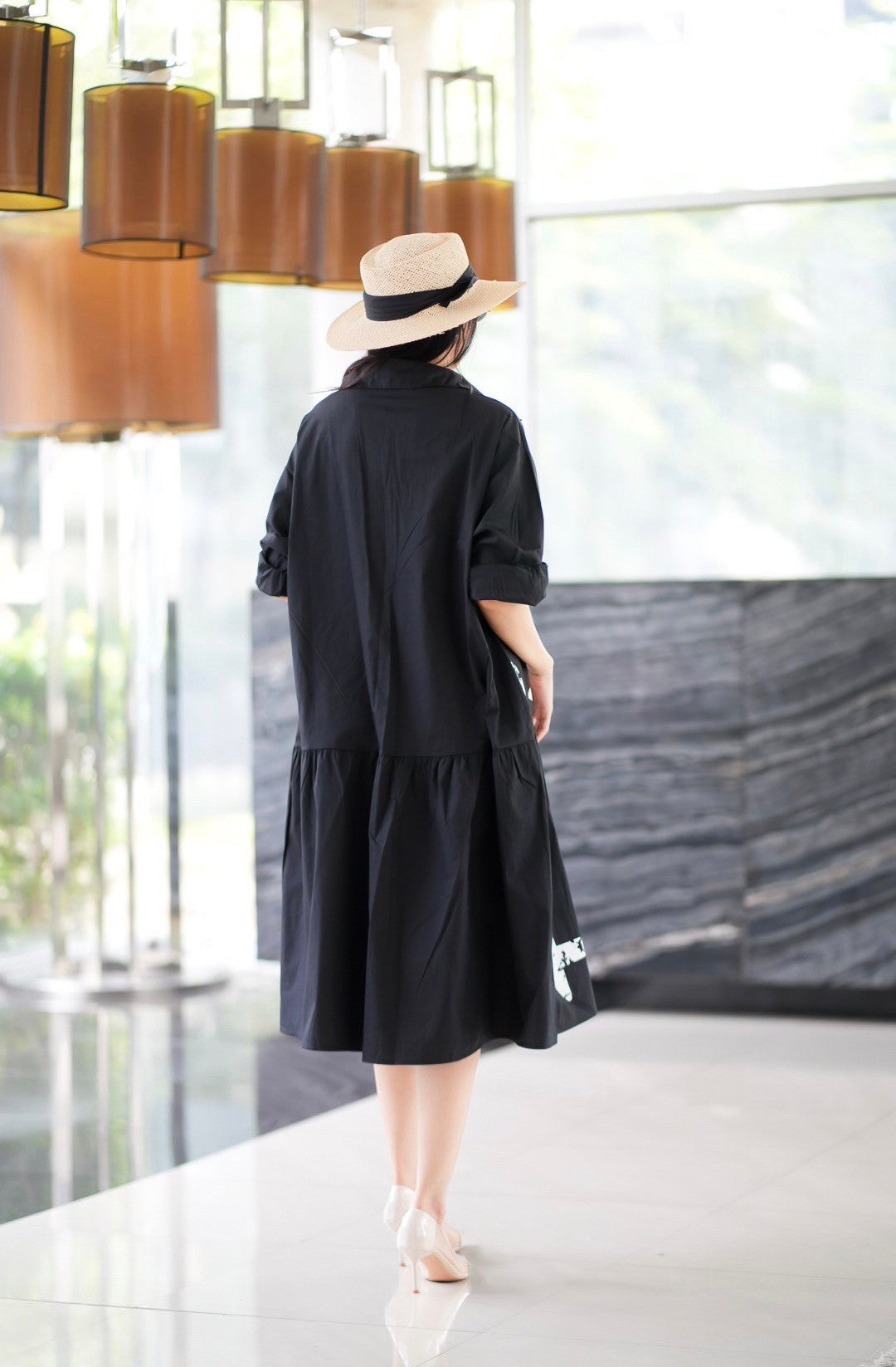 Black Minimalist Botanical Print Tunic Dress