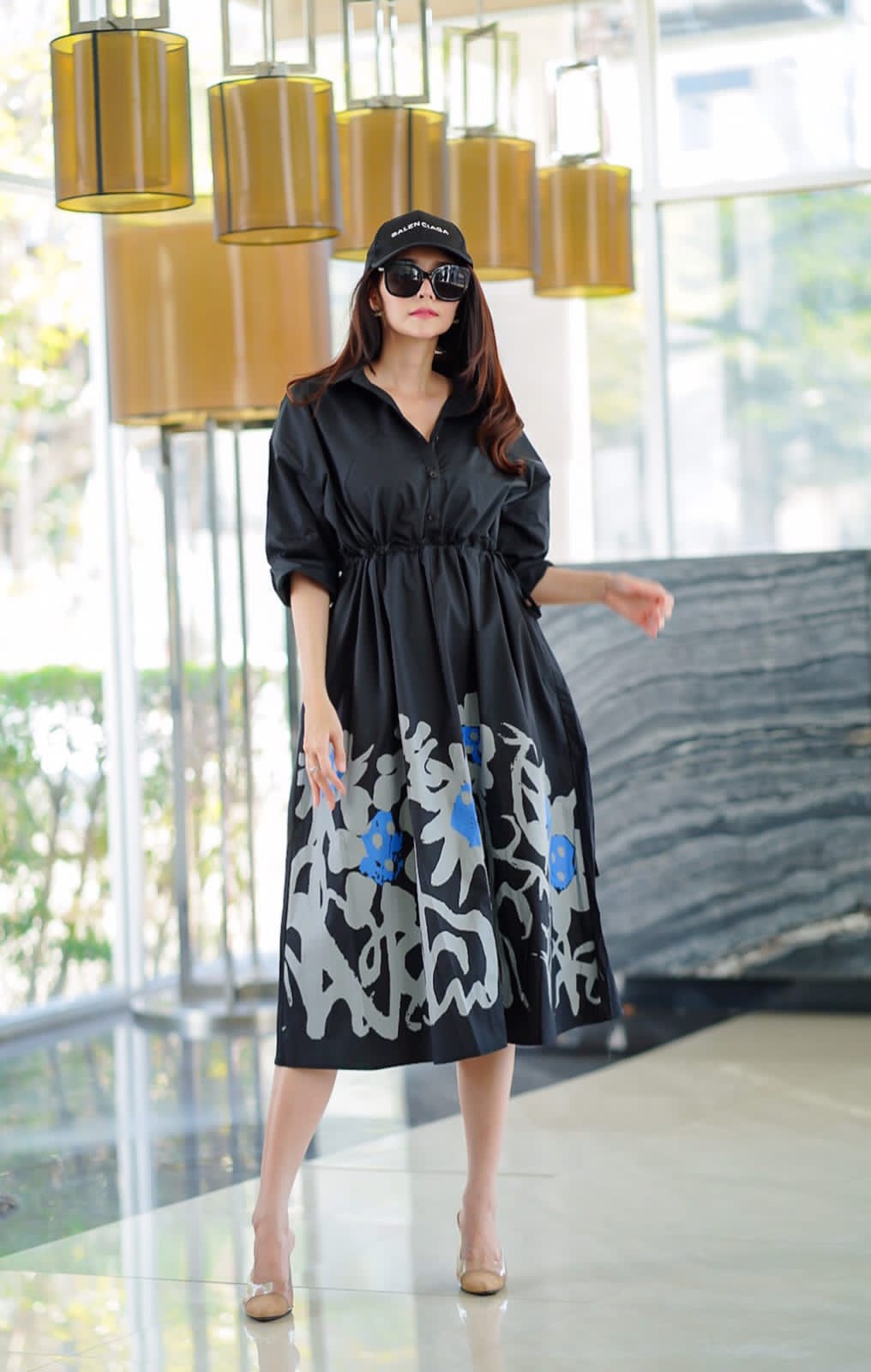 Black Minimalist Botanical Print Tunic Dress