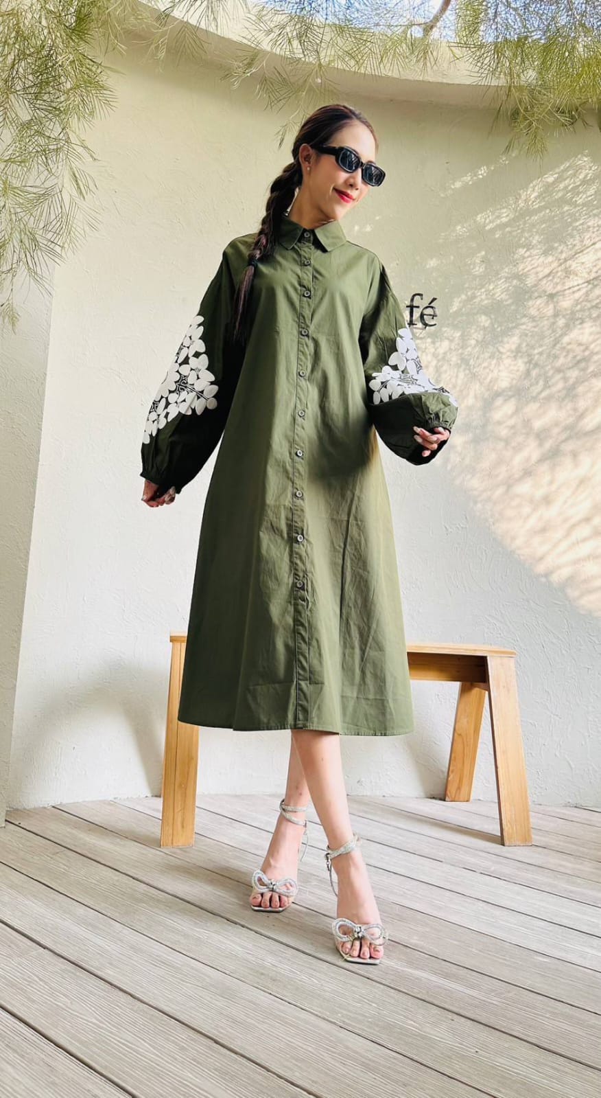 Olive Green Embroidered Cotton Dress