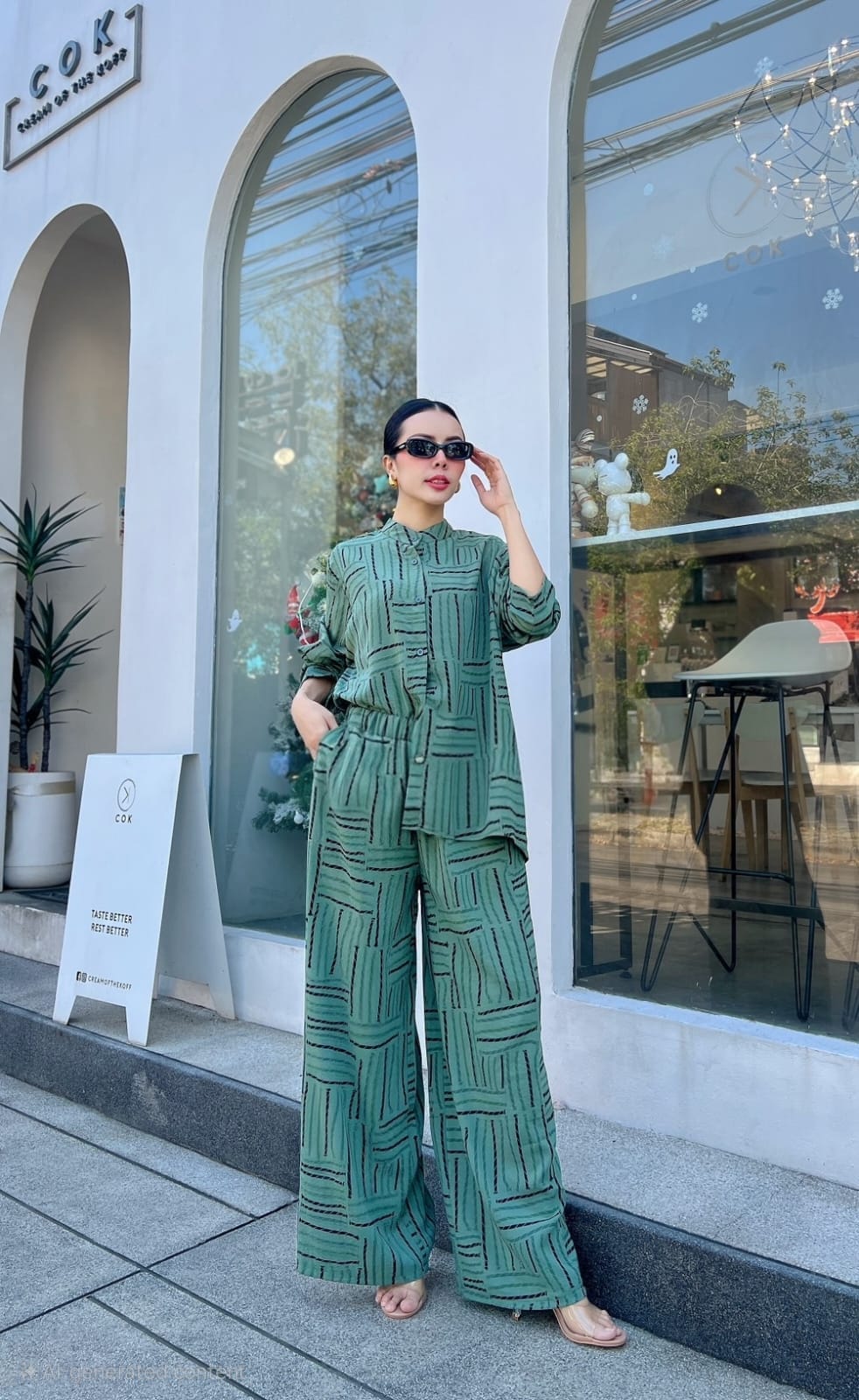 Sage Green Printed Flowy Woven Co-Ord Set