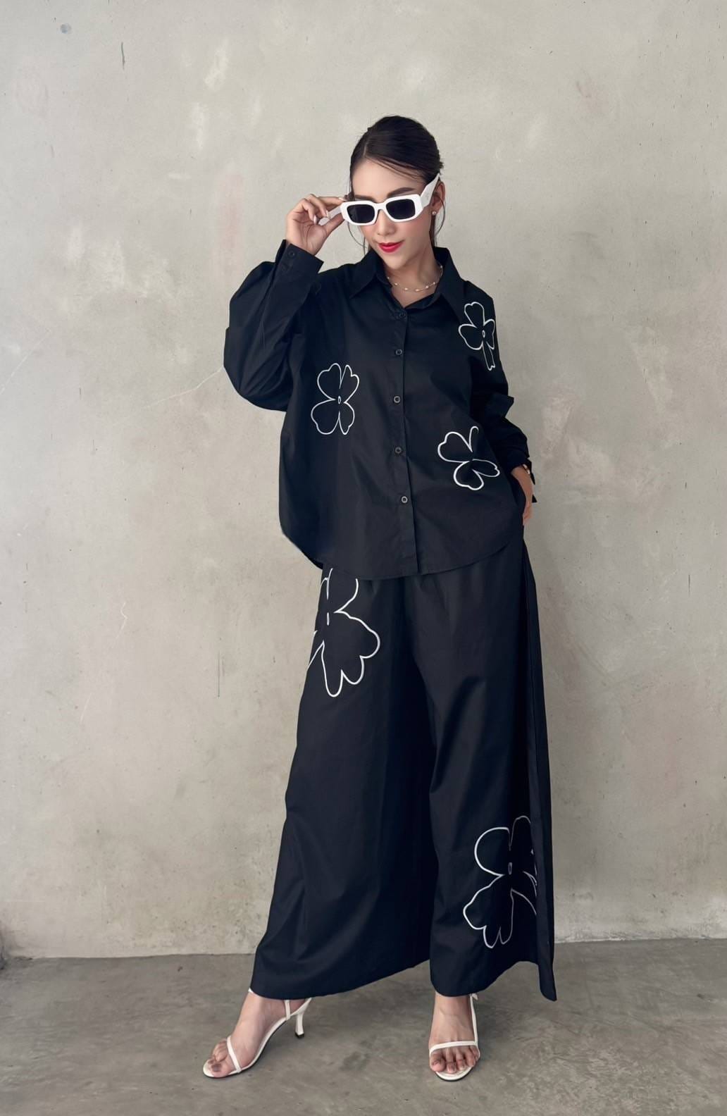 Charcoal Black Floral Embroidered Co-Ord Set