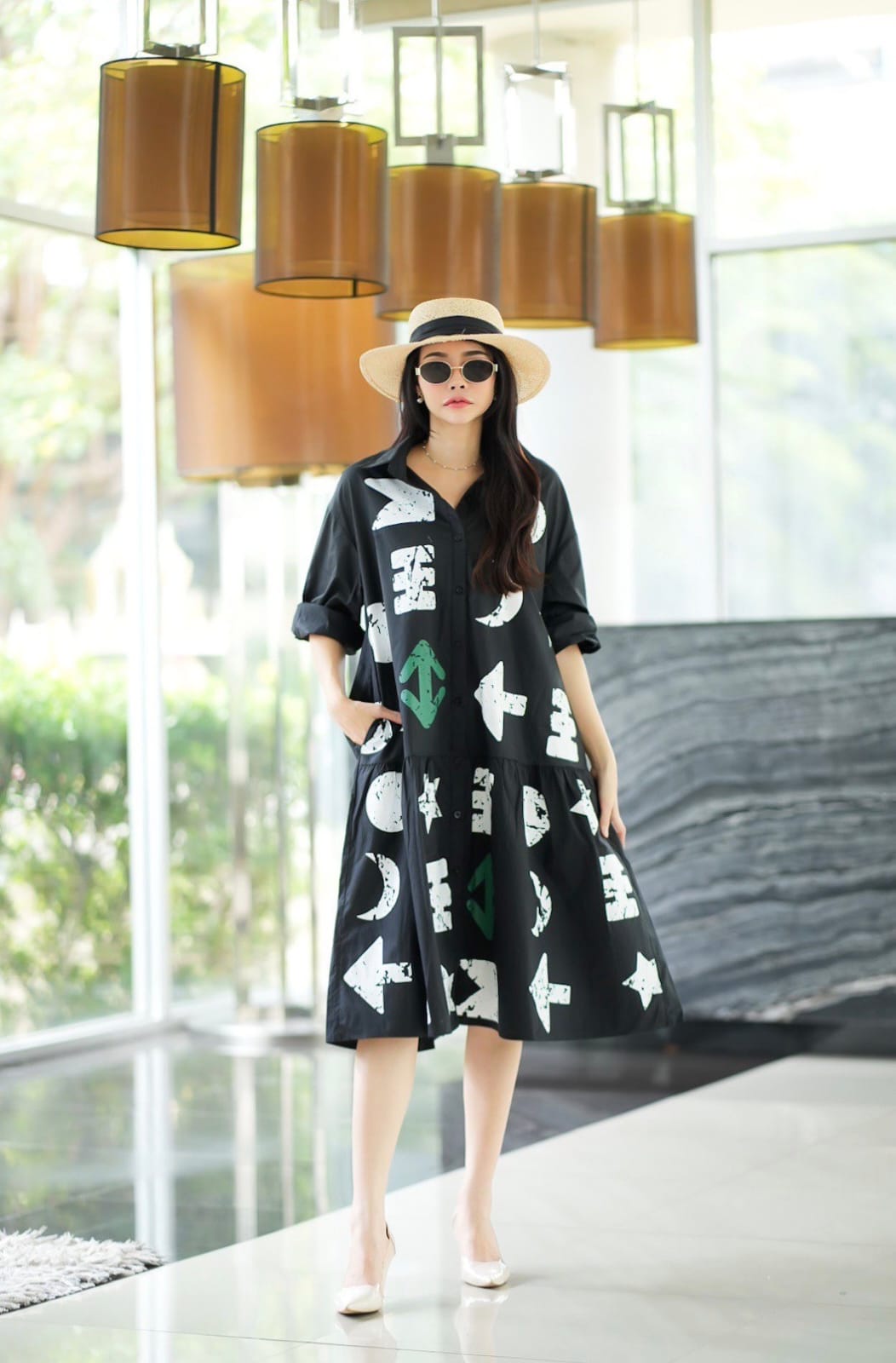 Ancient Black Text Printed Cotton Tunic Dress