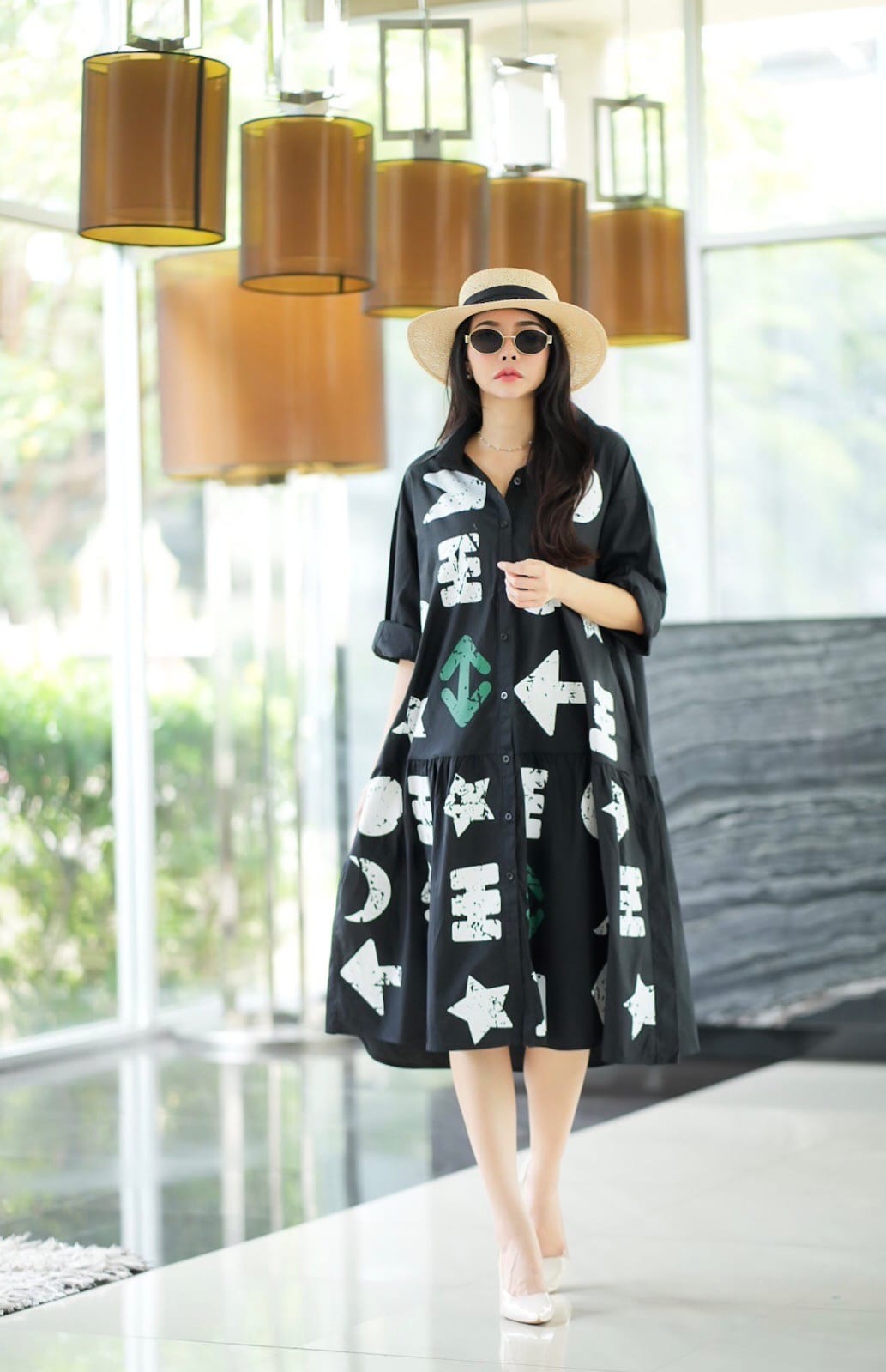 Ancient Black Text Printed Cotton Tunic Dress