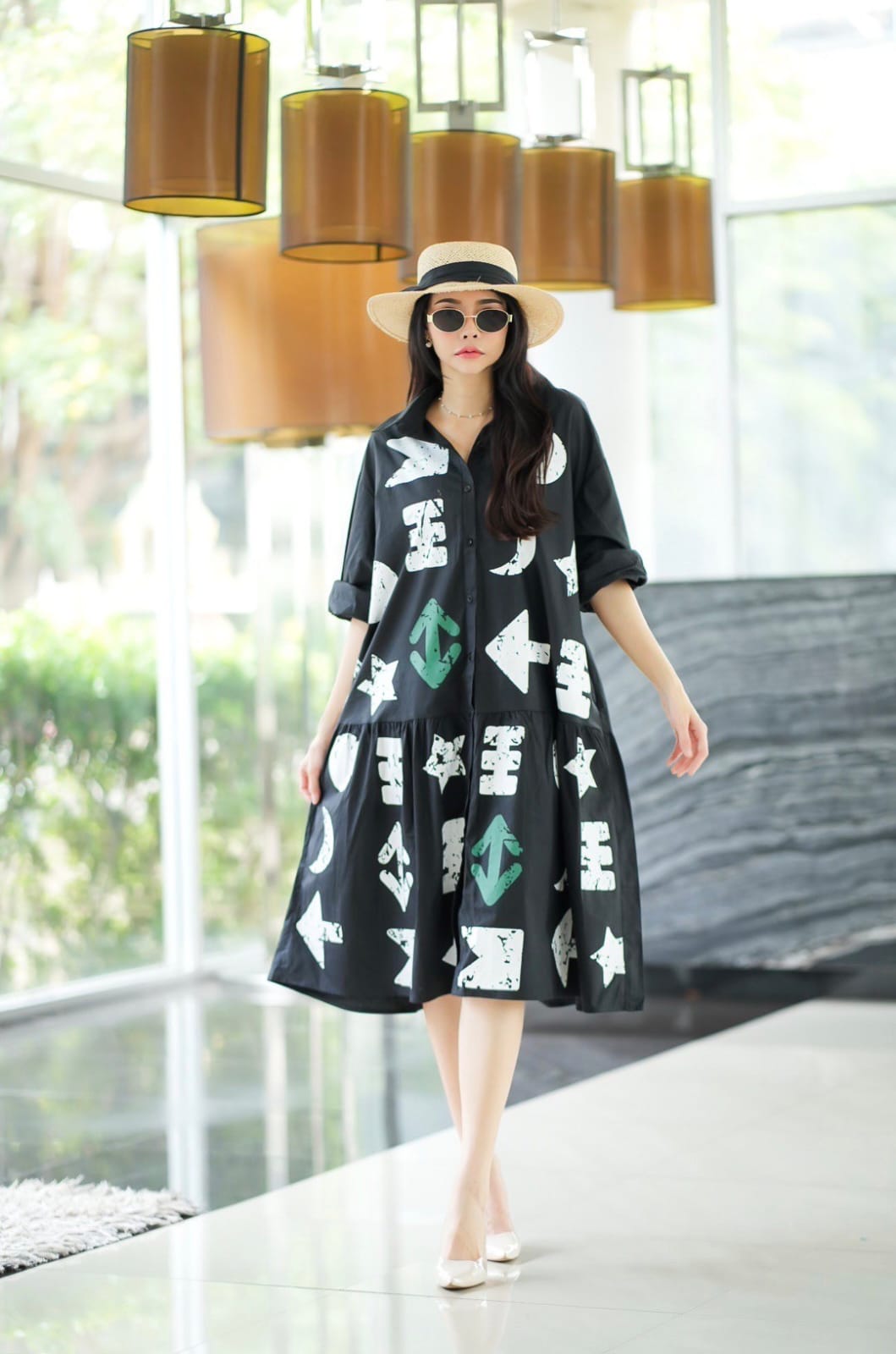 Ancient Black Text Printed Cotton Tunic Dress