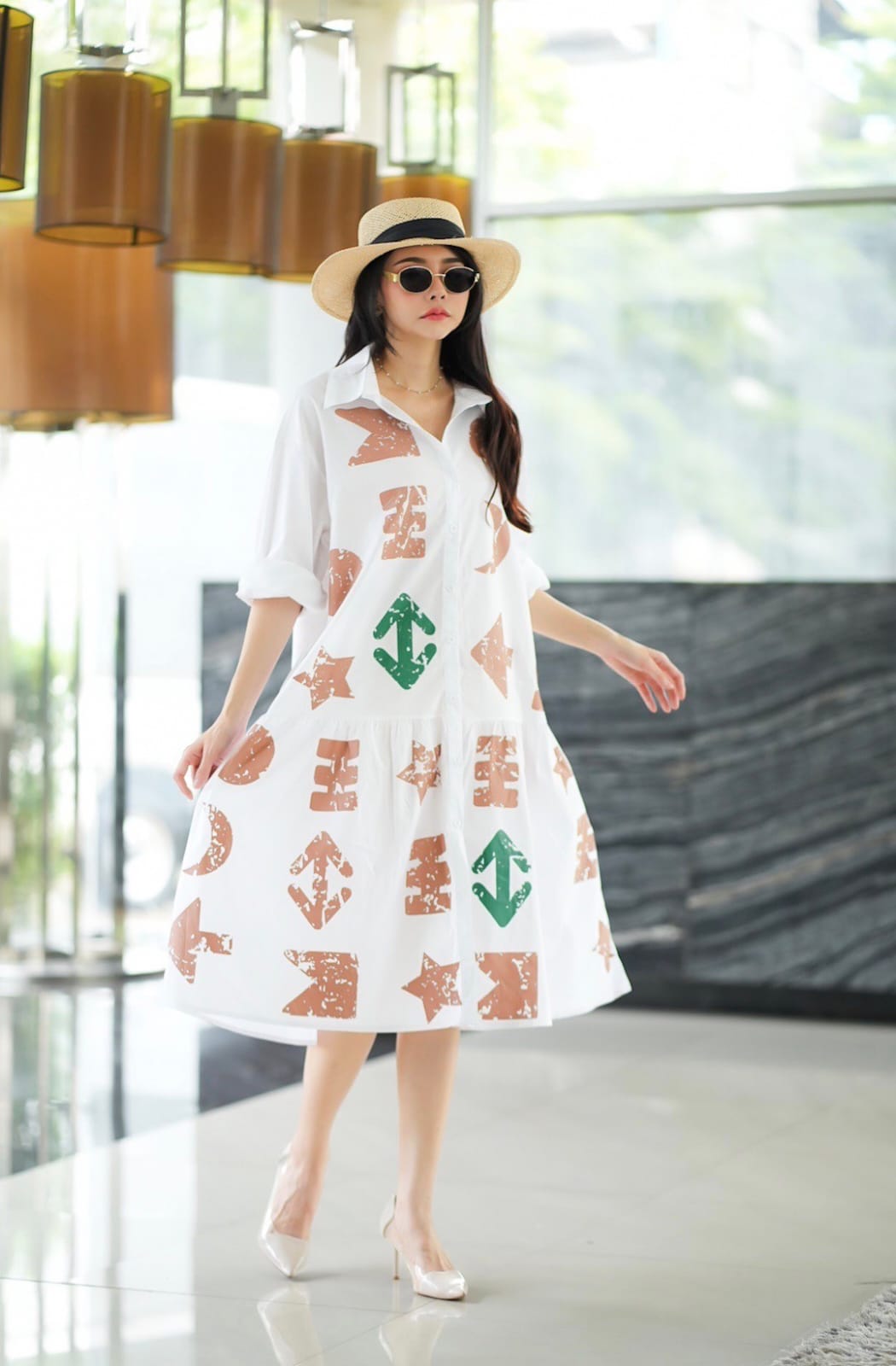 Ancient White Text Printed Cotton Tunic Dress