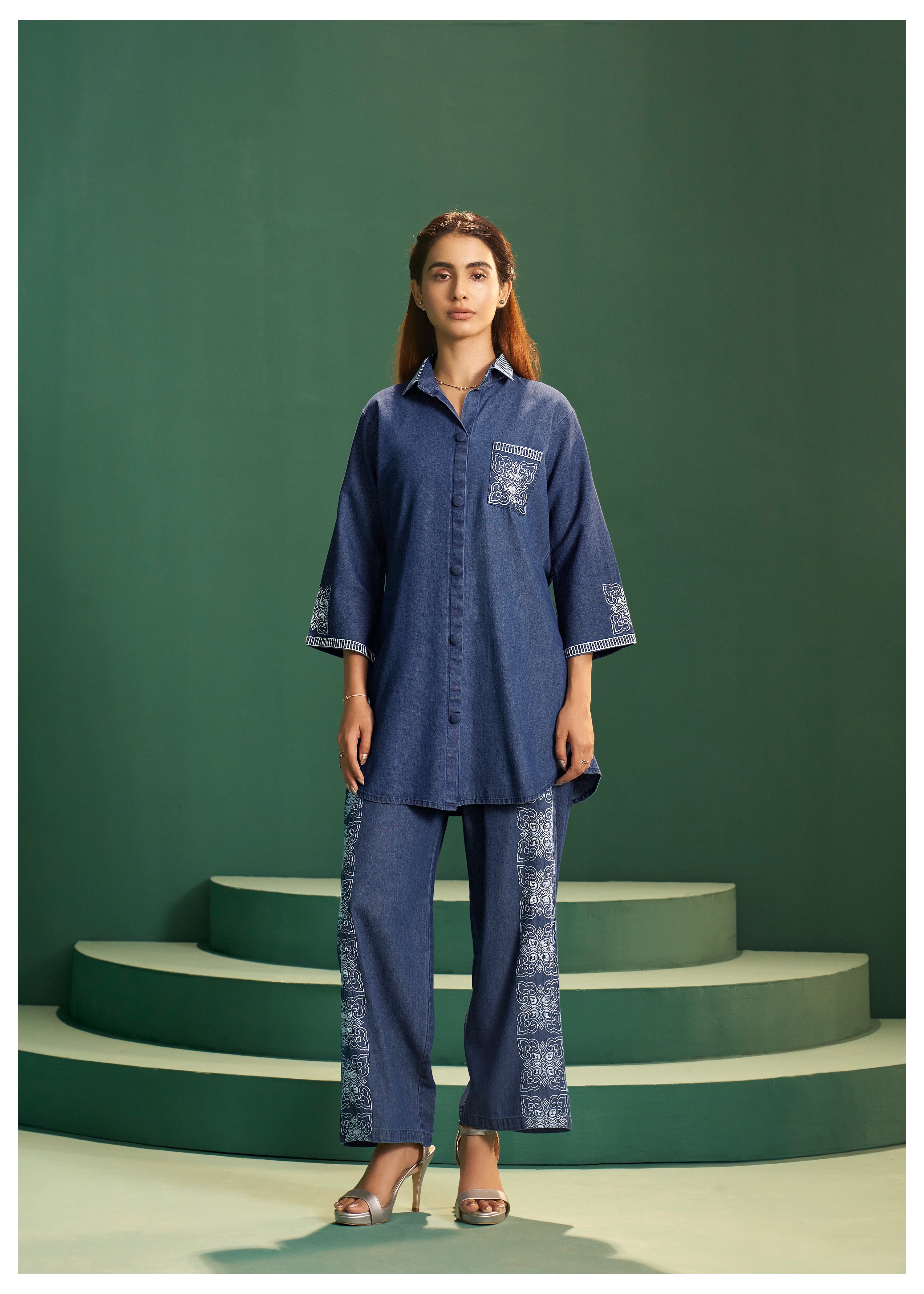 Indigo Embroidered Cotton Co-ord Set