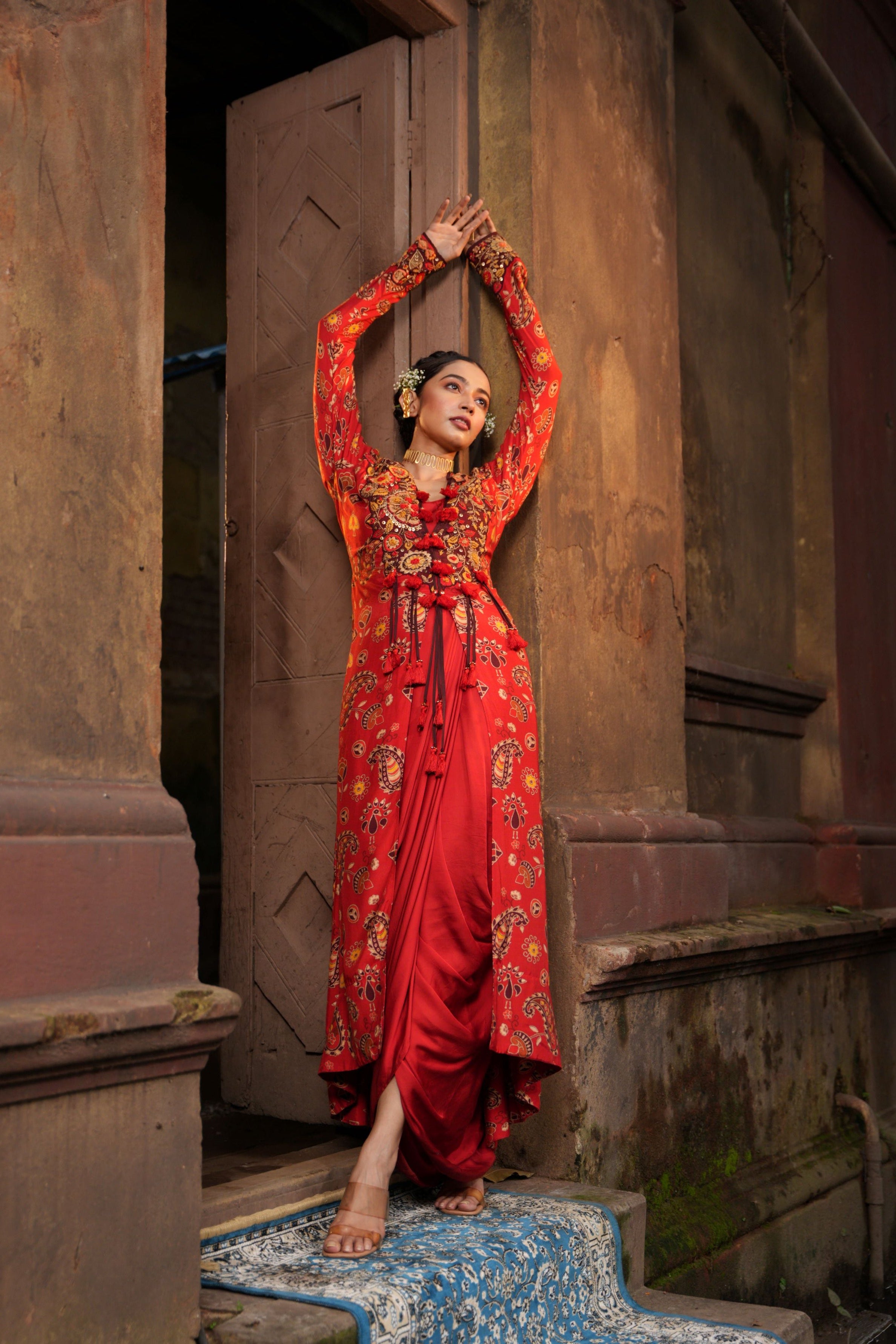 Cherry Red Premium Silk Draped Cape Dress