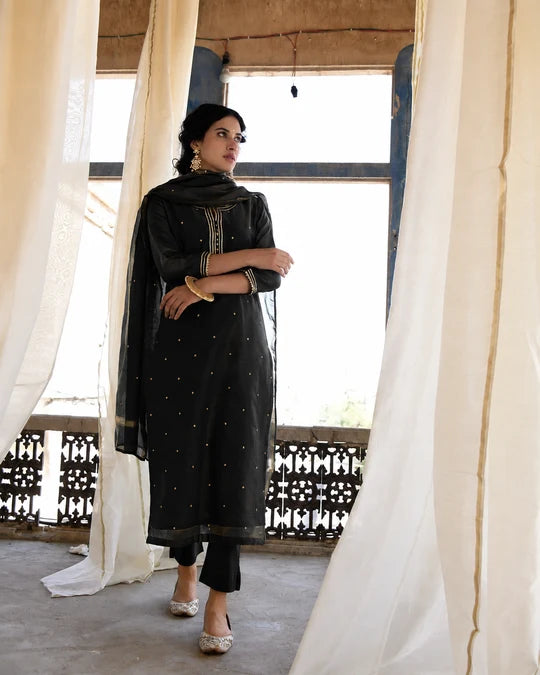Black Embellished Mul Chanderi Silk Pant Set