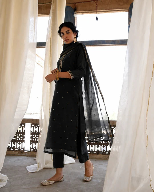 Black Embellished Mul Chanderi Silk Pant Set