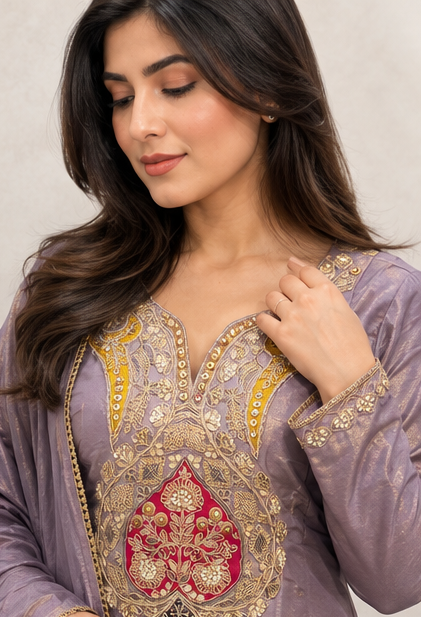 Lavender Dust Embellished Shimmer Tissue Silk Palazzo Set
