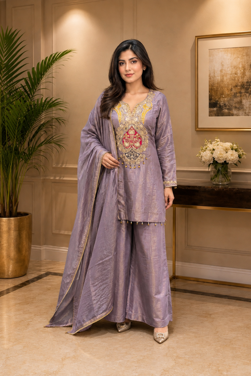 Lavender Dust Embellished Shimmer Tissue Silk Palazzo Set