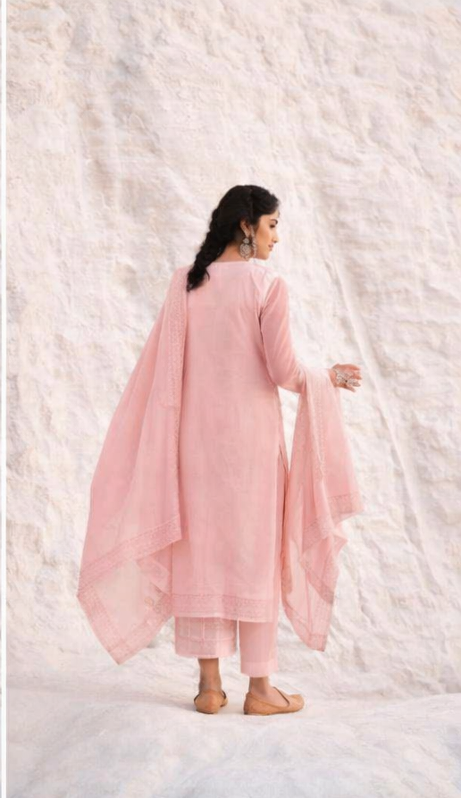 Blush Pink Chikankari Mul-Chanderi Silk Pant Set
