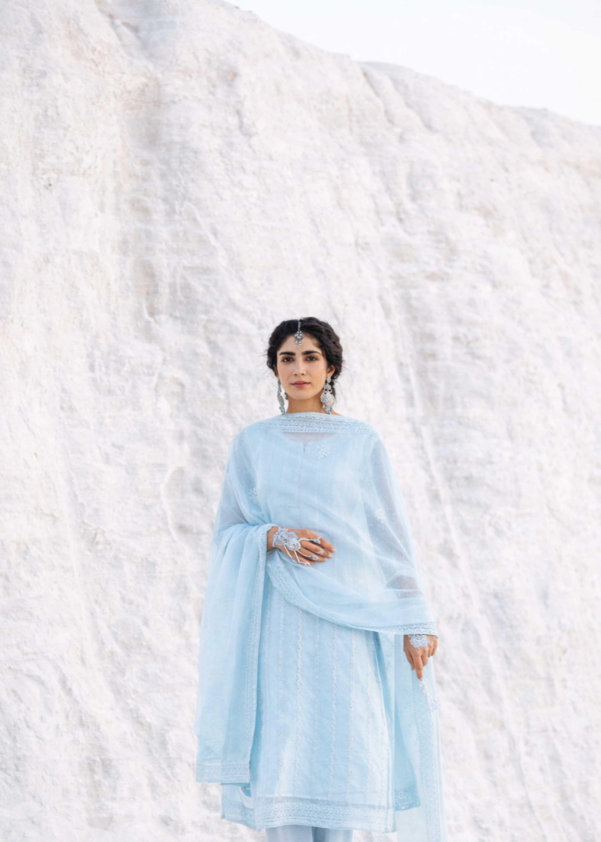 Sky Blue Chikankari Mul-Chanderi Silk Pant Set
