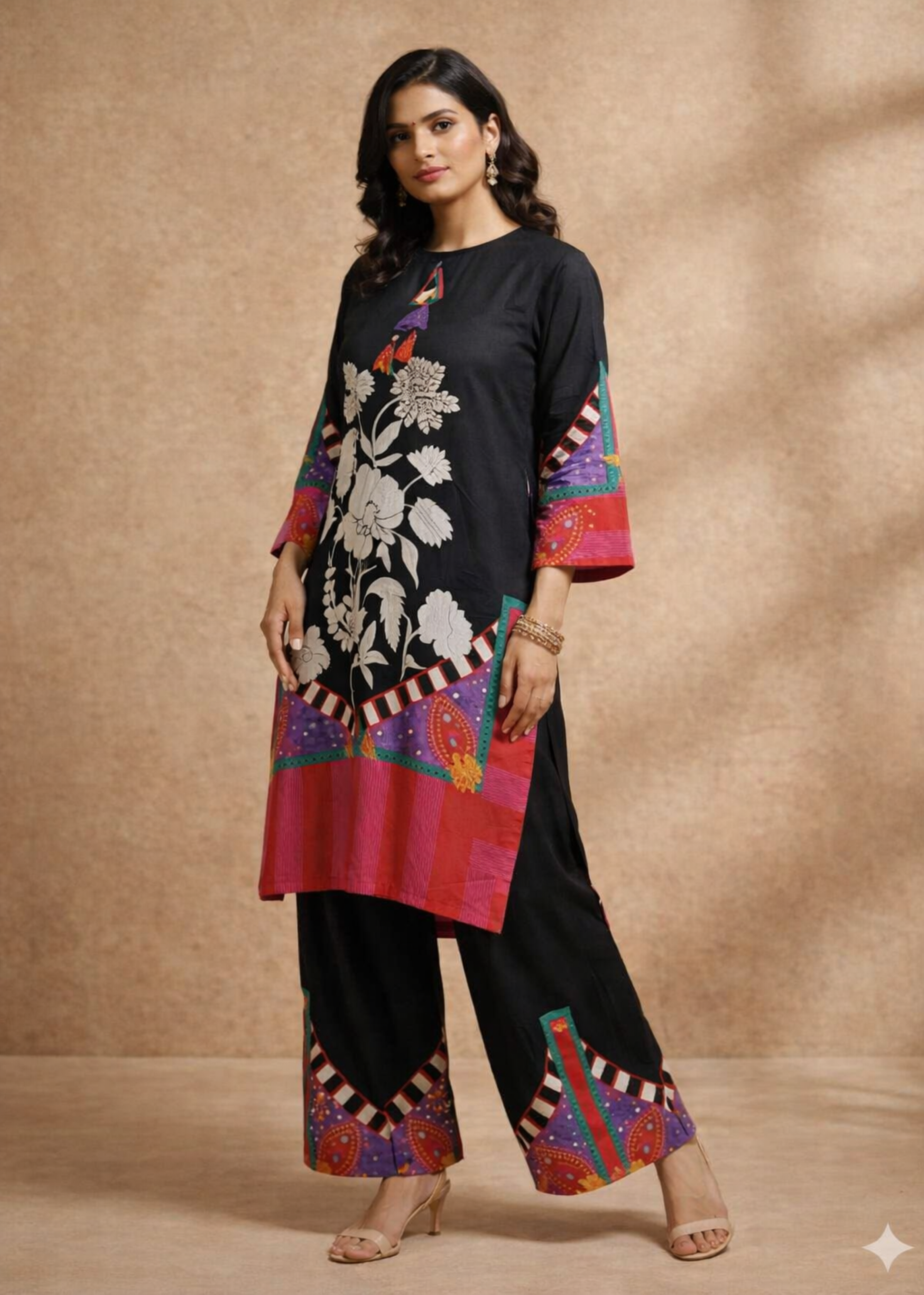 Noir Black Printed Muslin Silk Kurta Set