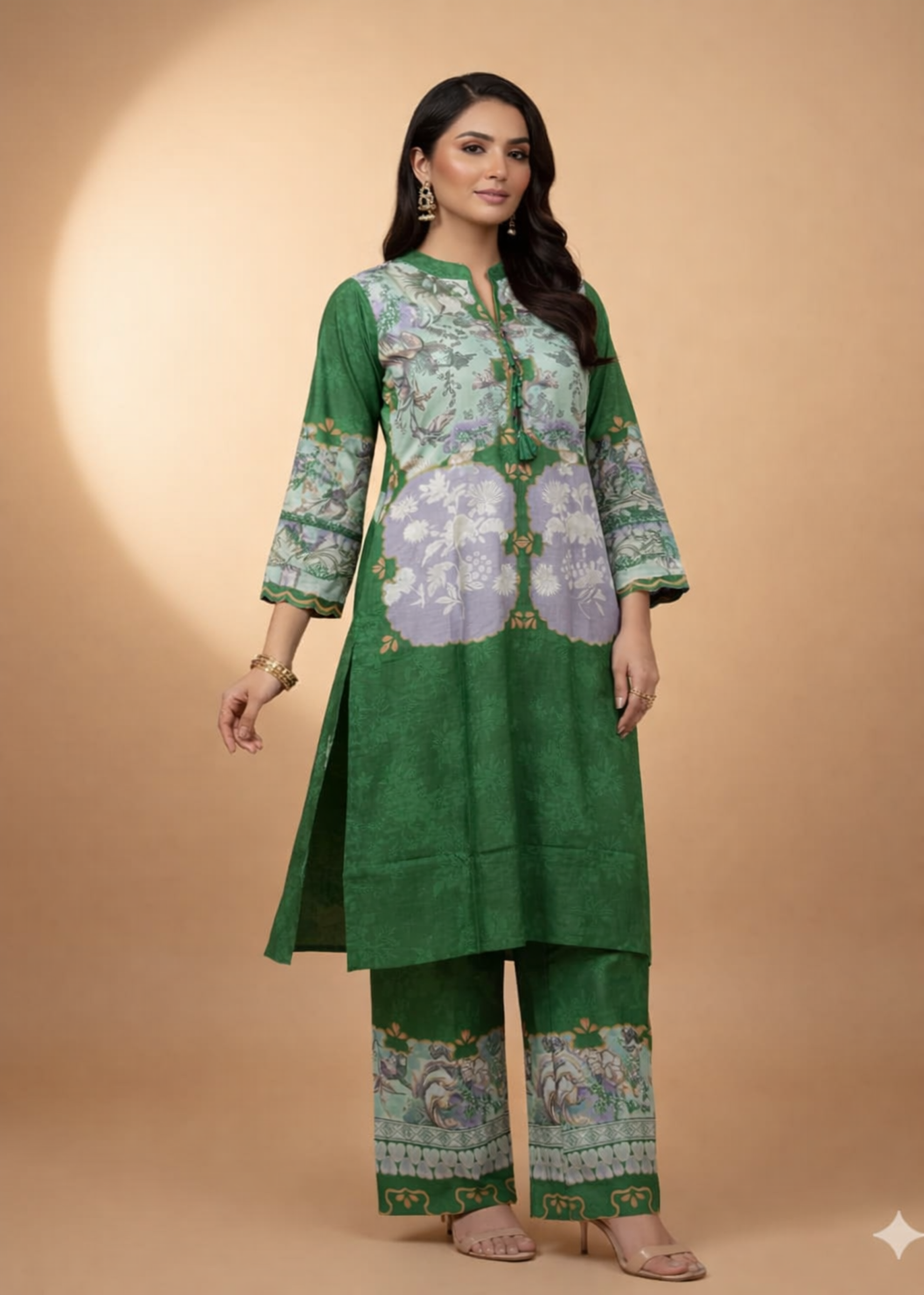 Forest Green Printed Muslin Silk Kurta Set