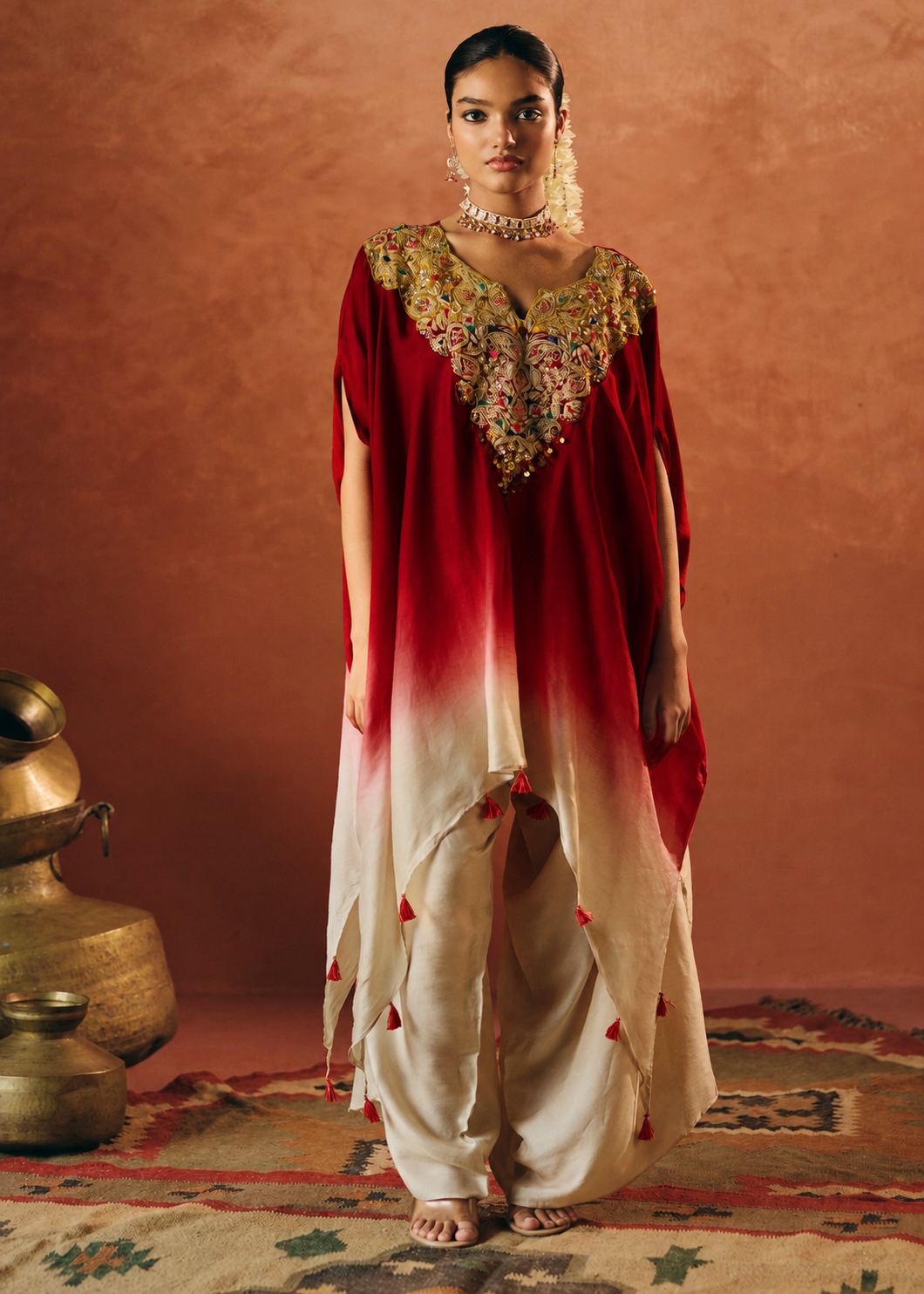 Rich Red Embellished Raw Silk Kaftan Set
