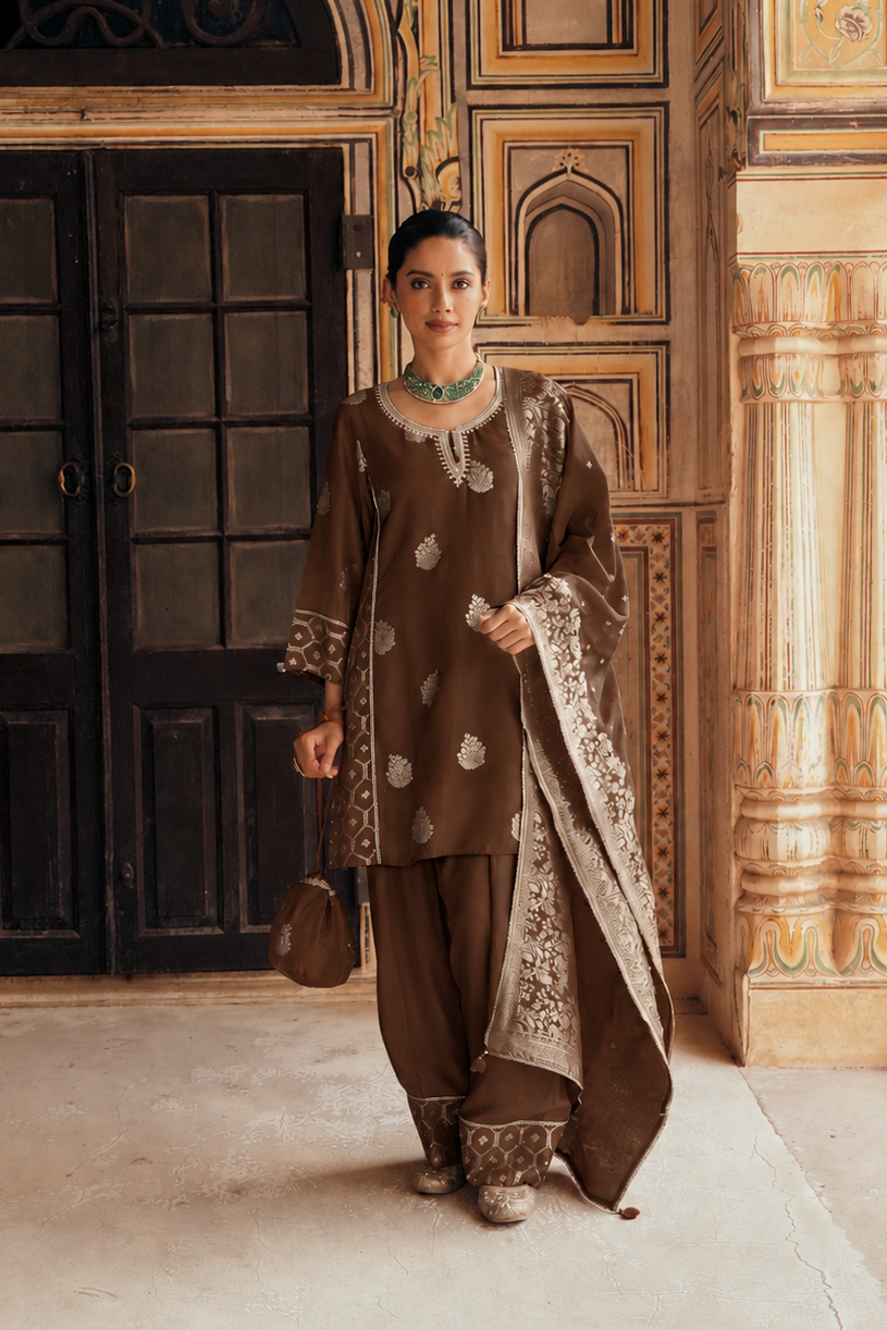 Brown Embellished Banarasi Silk Salwar Set