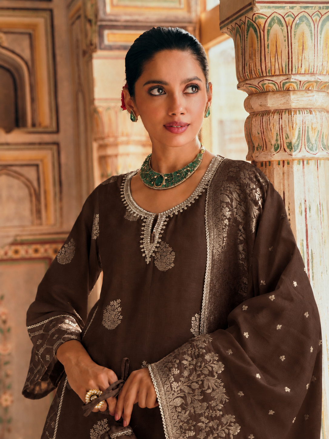 Brown Embellished Banarasi Silk Salwar Set