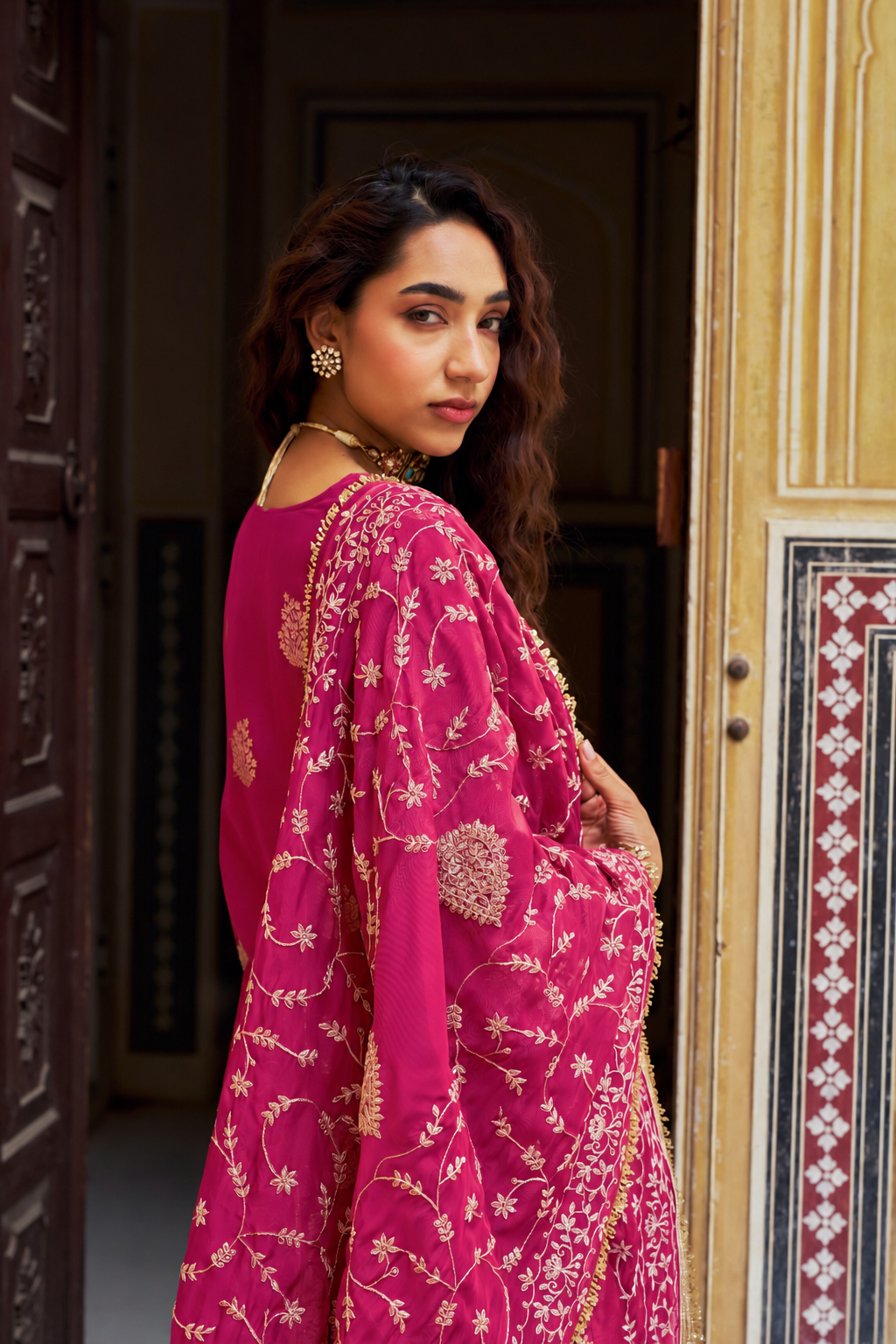 Magenta Pink Woven Banarsi Silk Sharara Set