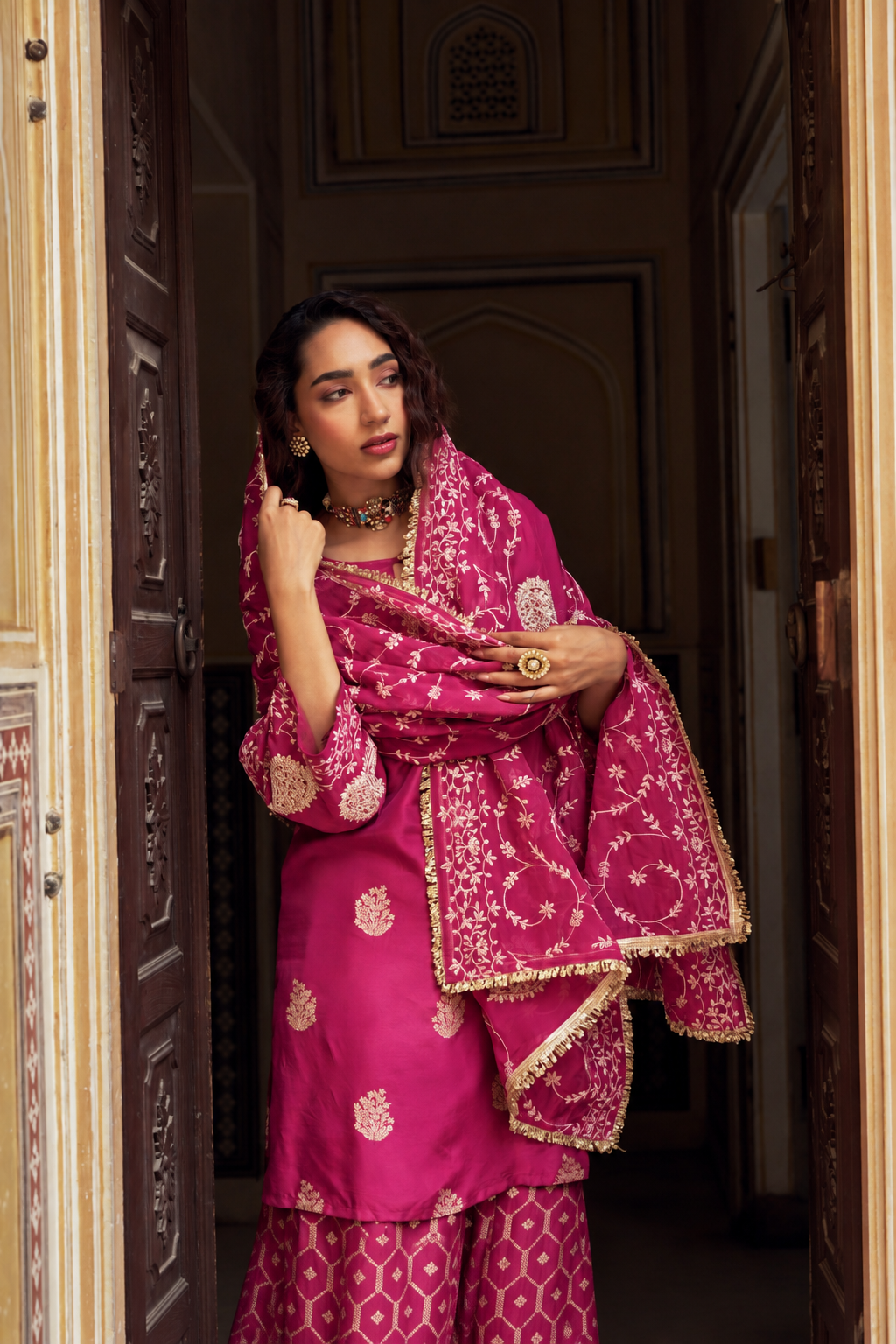 Magenta Pink Woven Banarsi Silk Sharara Set
