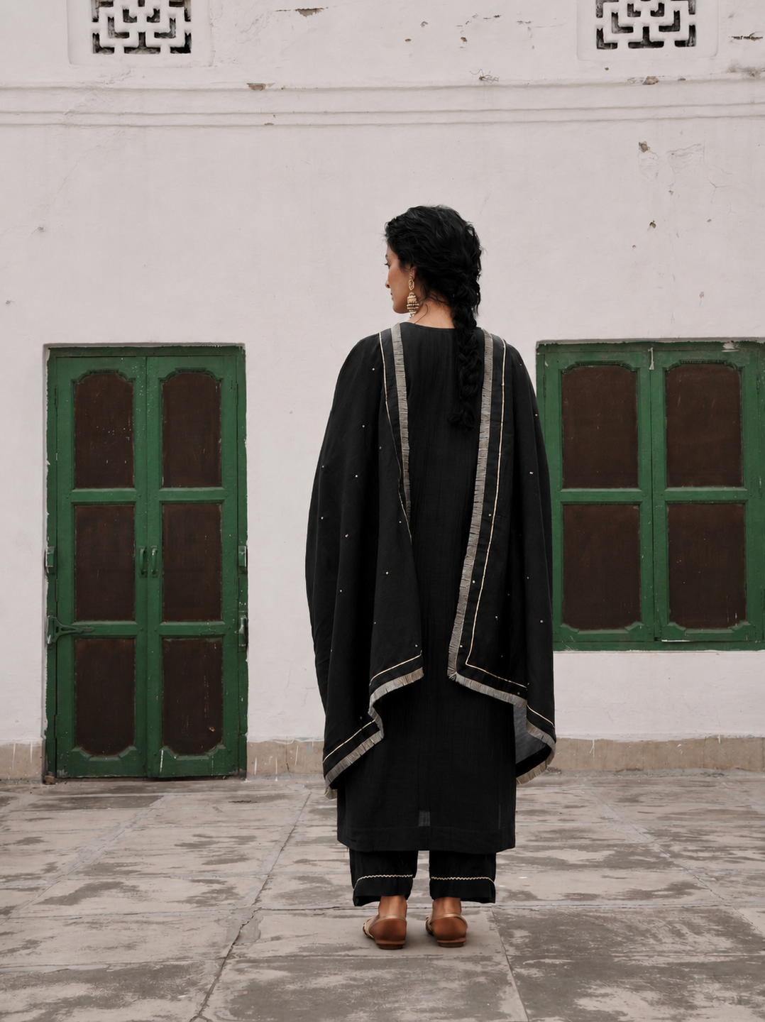 Black Embellished Mul Chanderi Silk Pant Set