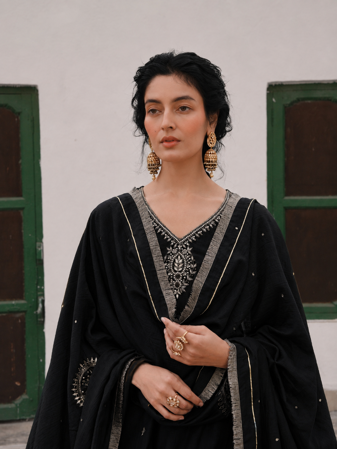 Black Embellished Mul Chanderi Silk Pant Set