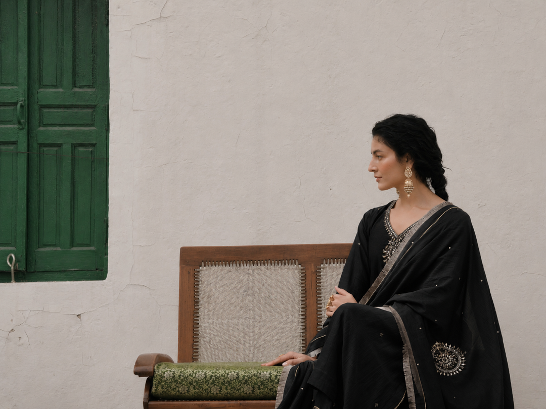 Black Embellished Mul Chanderi Silk Pant Set