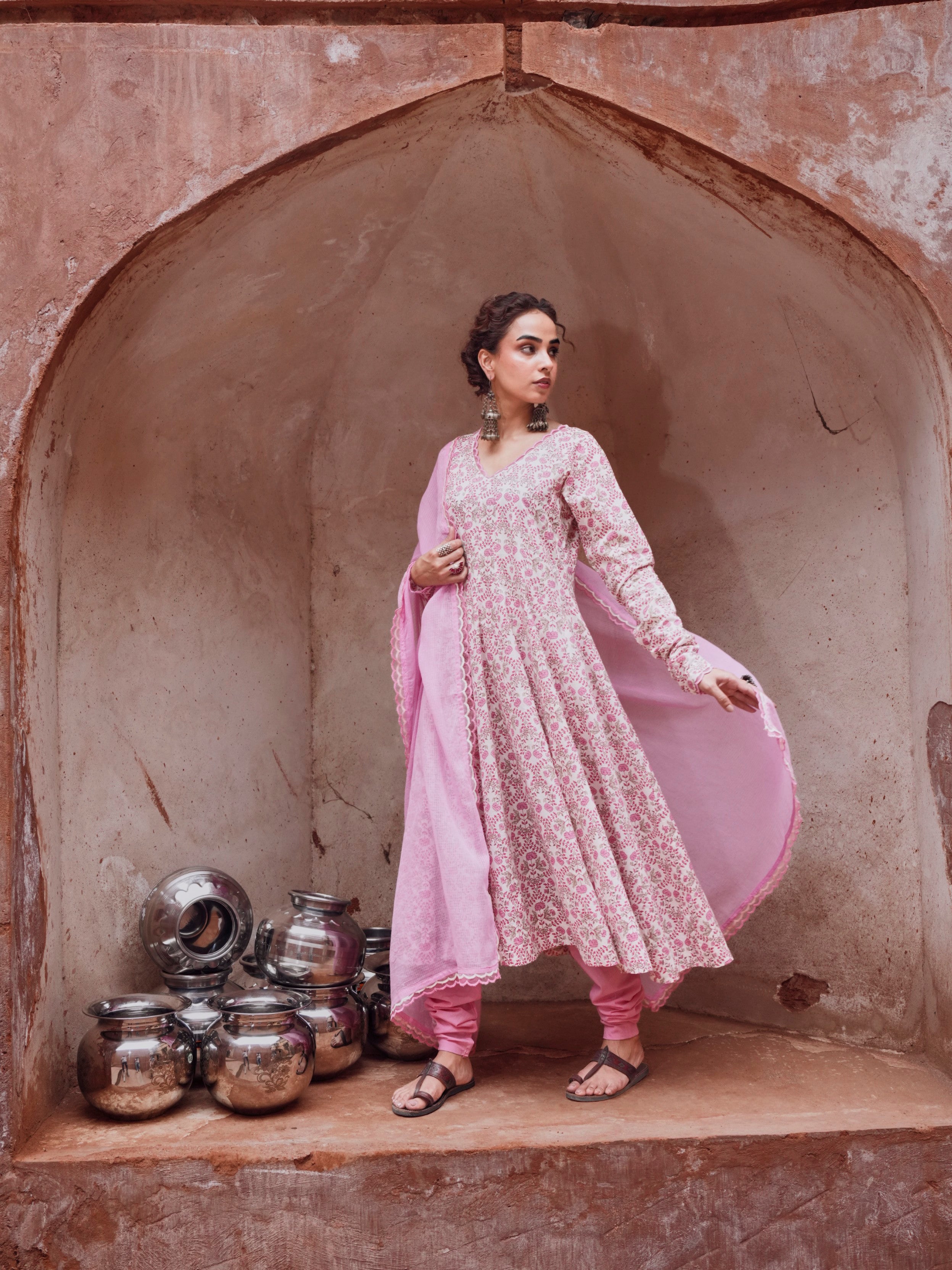Pink Cotton Floral Anarkali Set