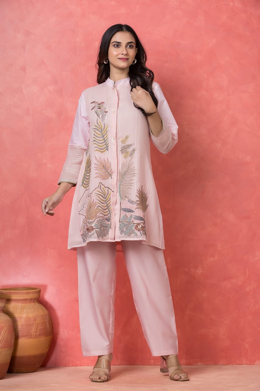 Soft Powder Pink Embroidered Mulmul Cotton Co-ord Set