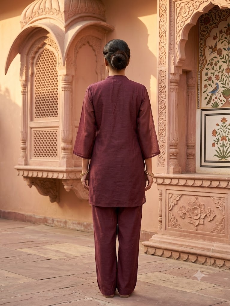 Chocolate Brown Embroidered Mul Chanderi Silk Co-ord Set