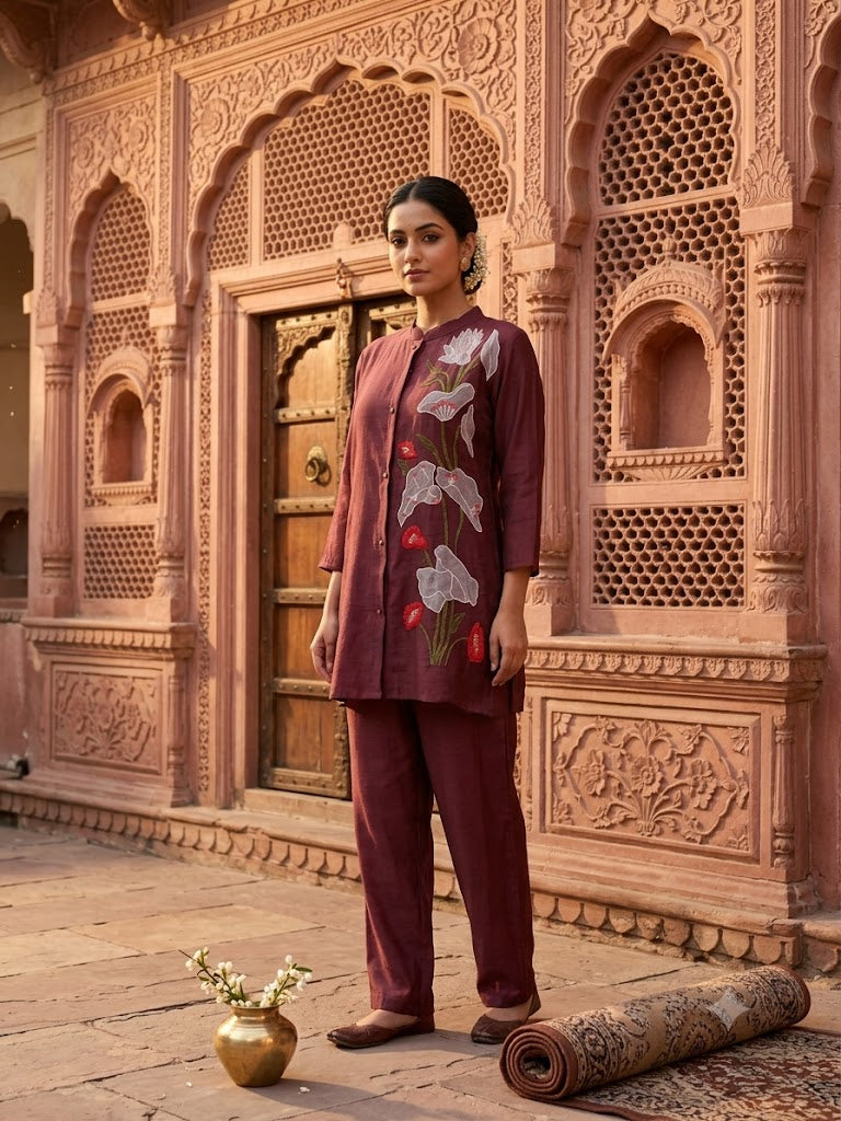 Chocolate Brown Embroidered Mul Chanderi Silk Co-ord Set