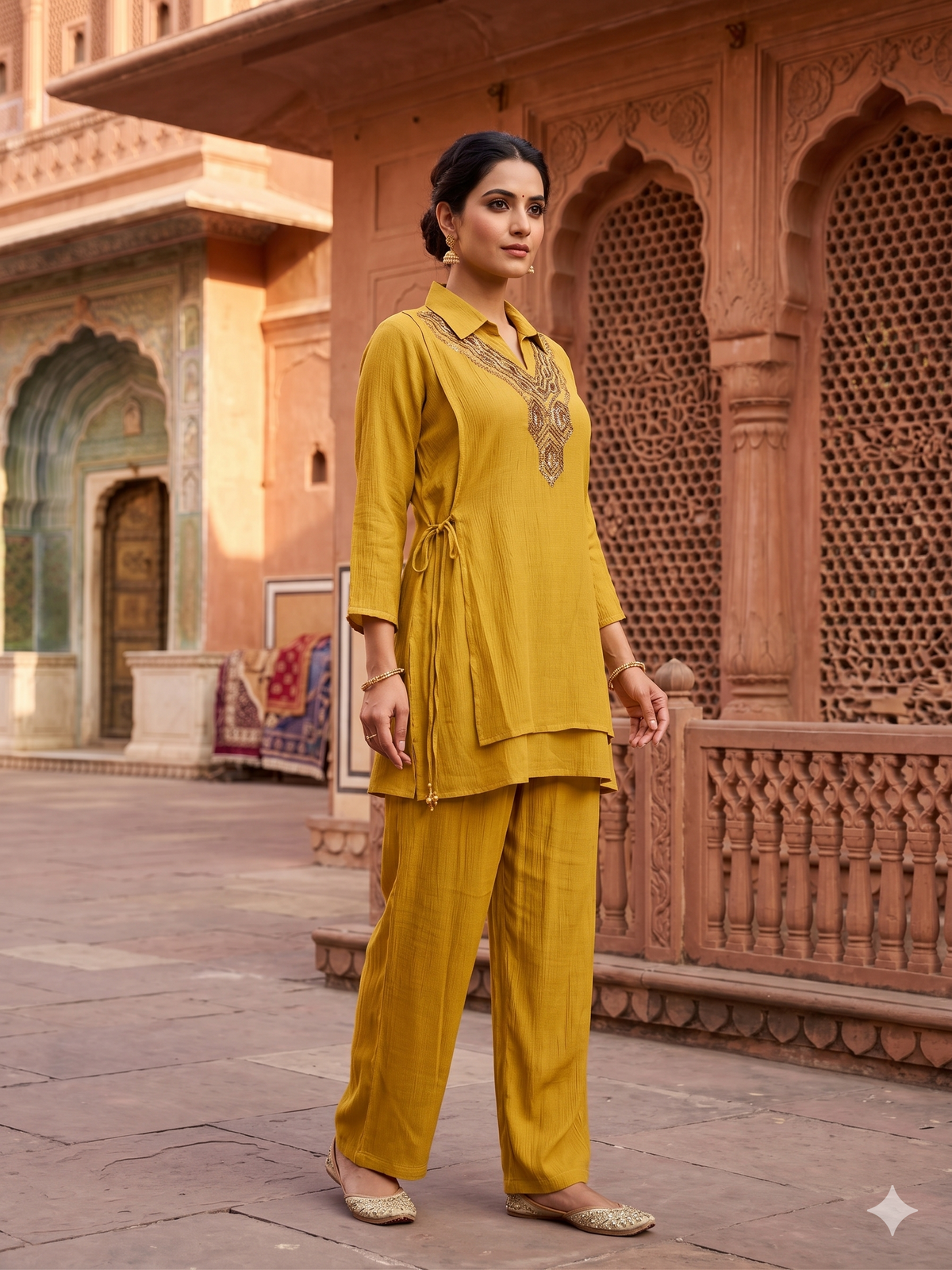 Mustard Yellow Embellished Chiffon Silk Co-ord Set