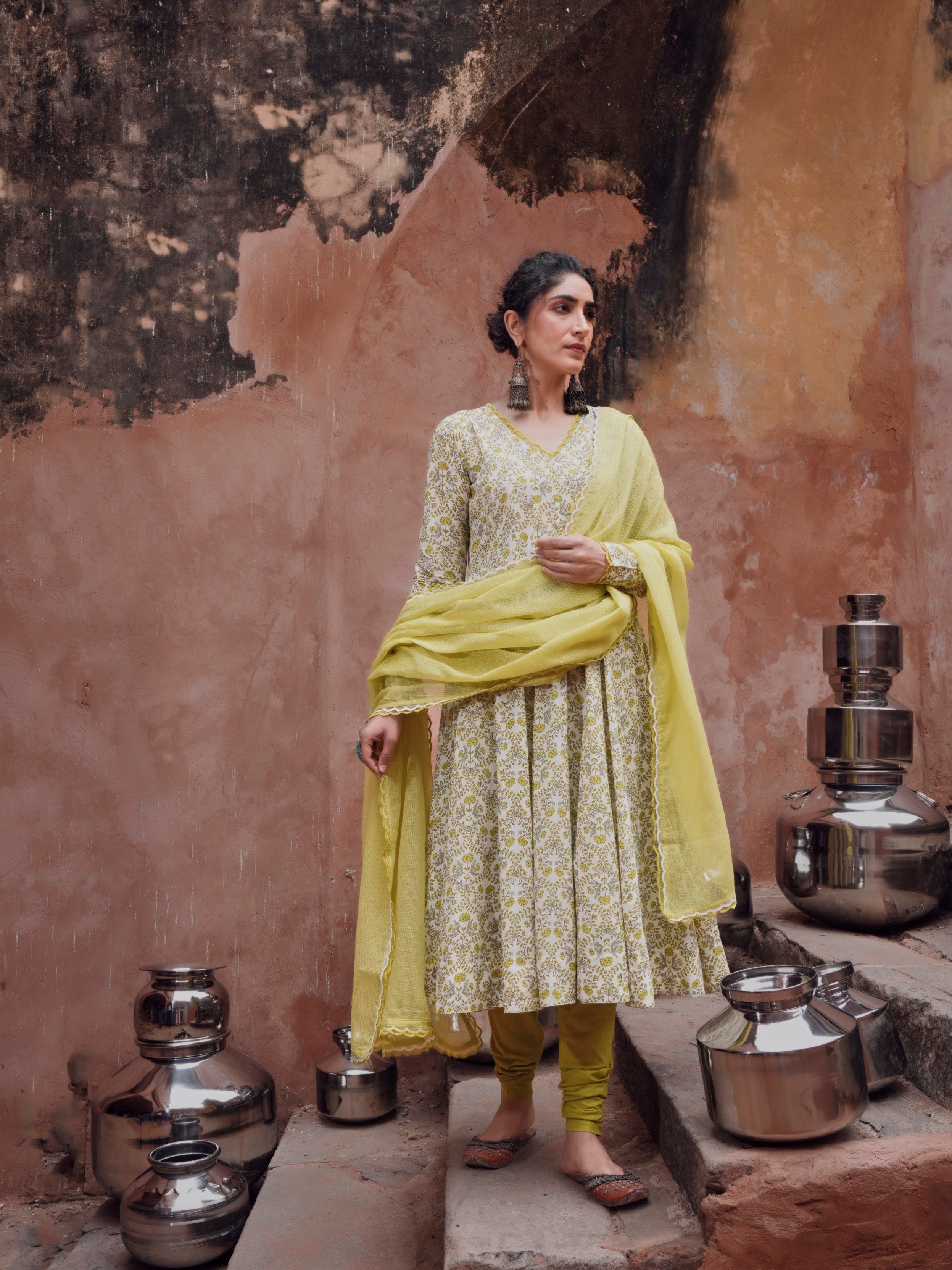 Lime Green Cotton Floral Anarkali Set