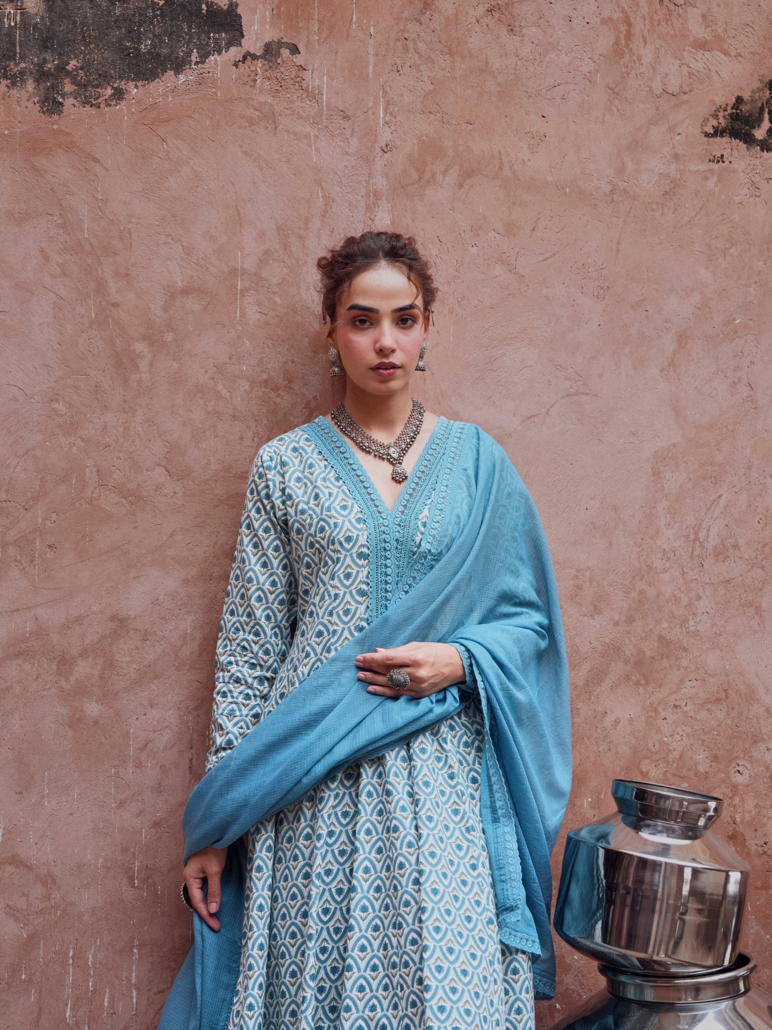 Light Blue Printed Cotton Anarkali Set