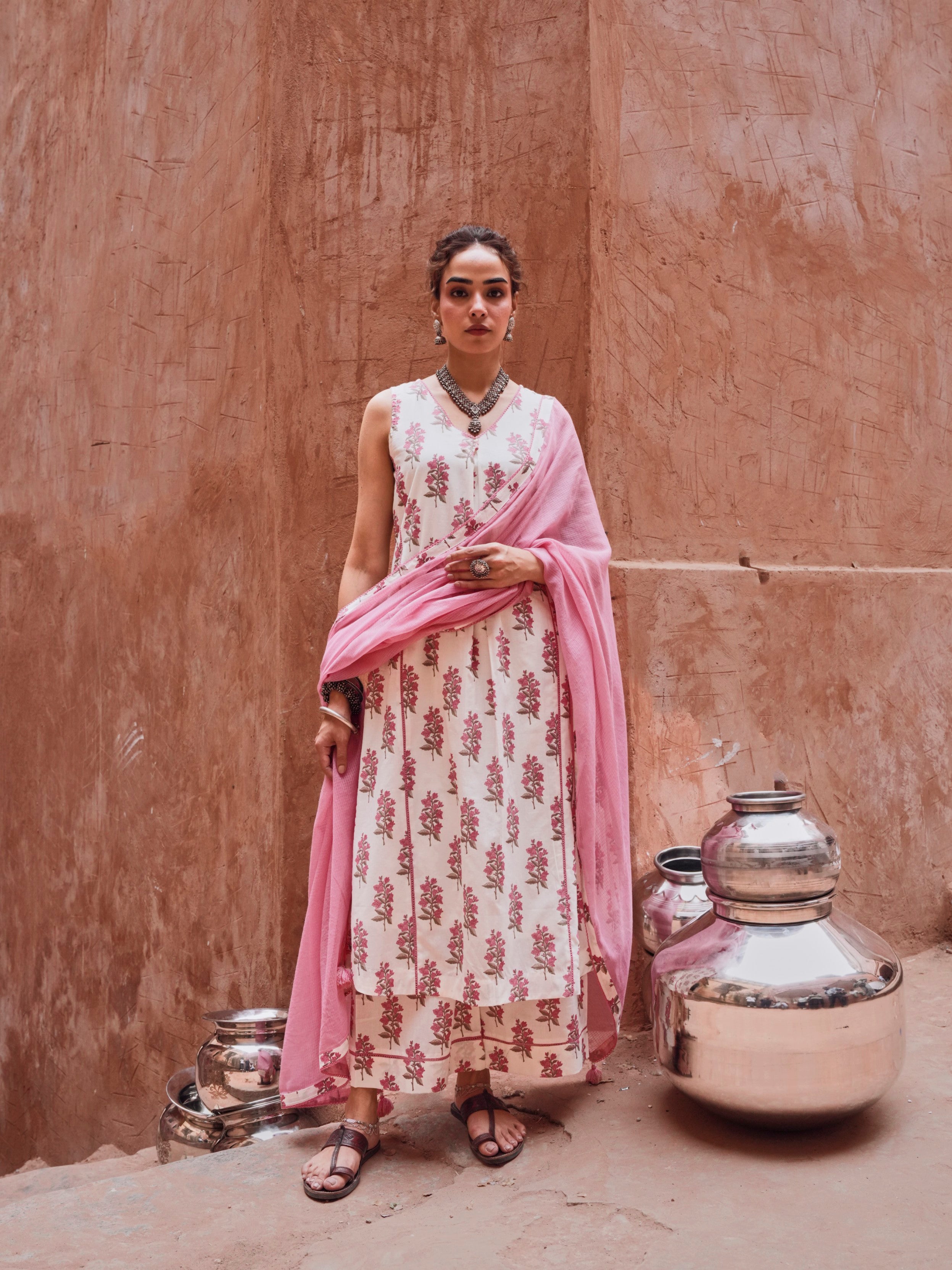 Off-White and Pink Floral Pant Set