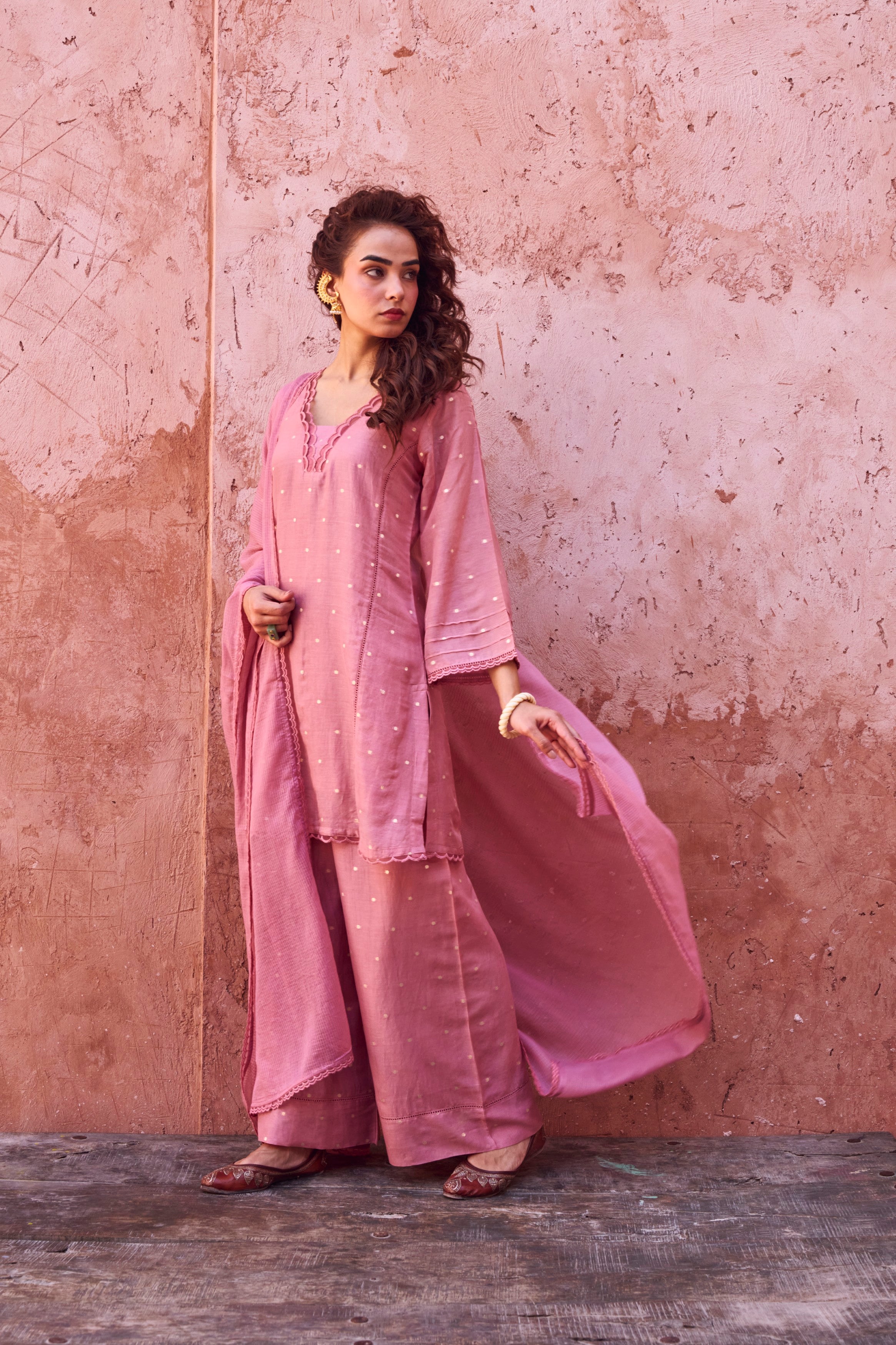 Rose Pink Mul-Cotton Palazzo Set