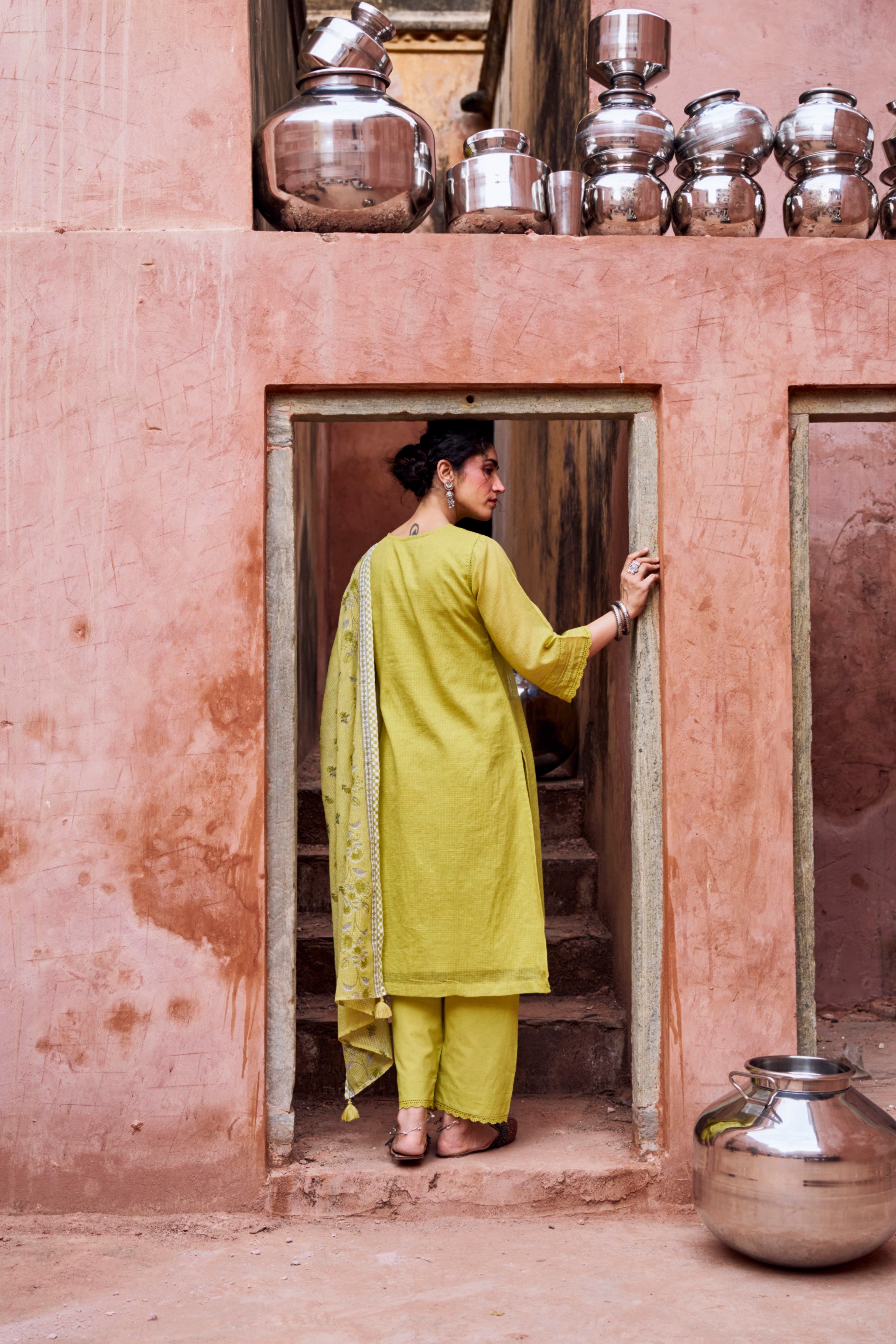 Lime Green Kota Doria Pant Set