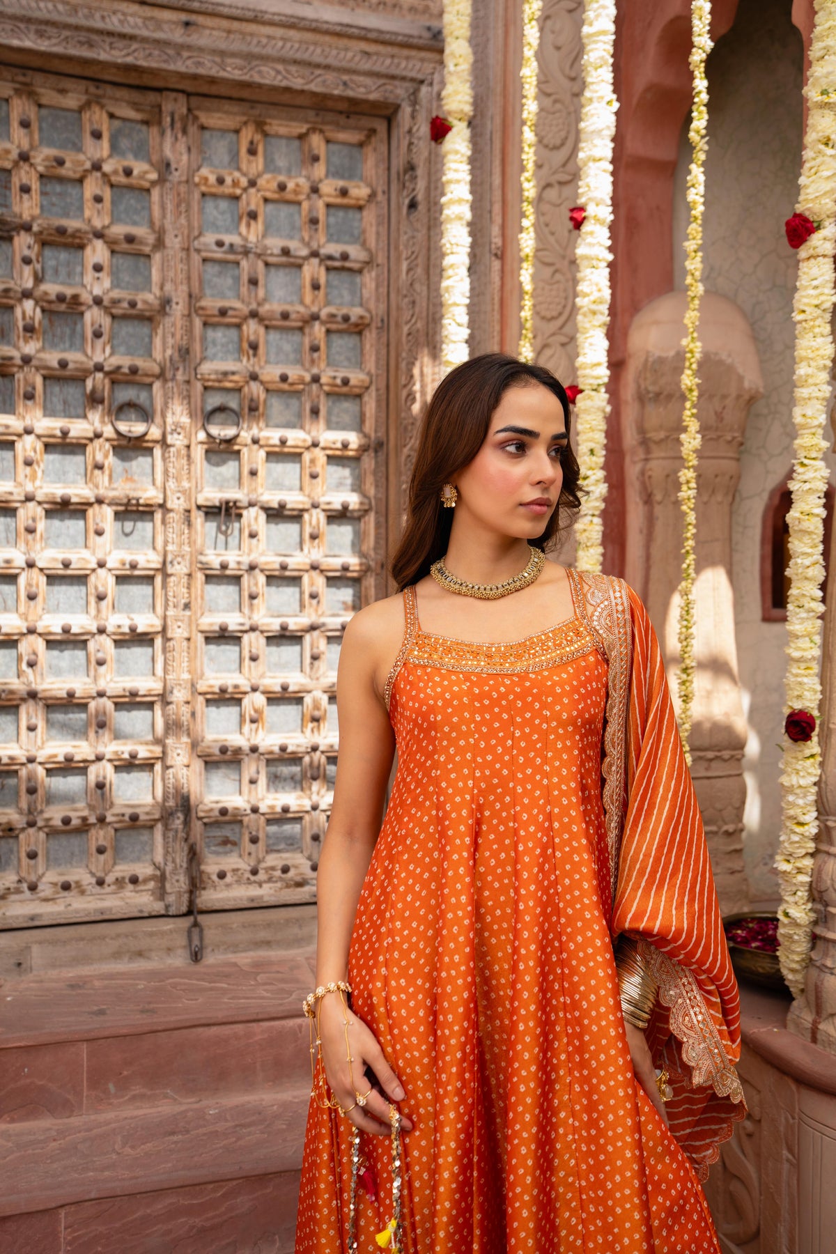 Regal Orange Embellished Shimmer Silk Anarkali Set
