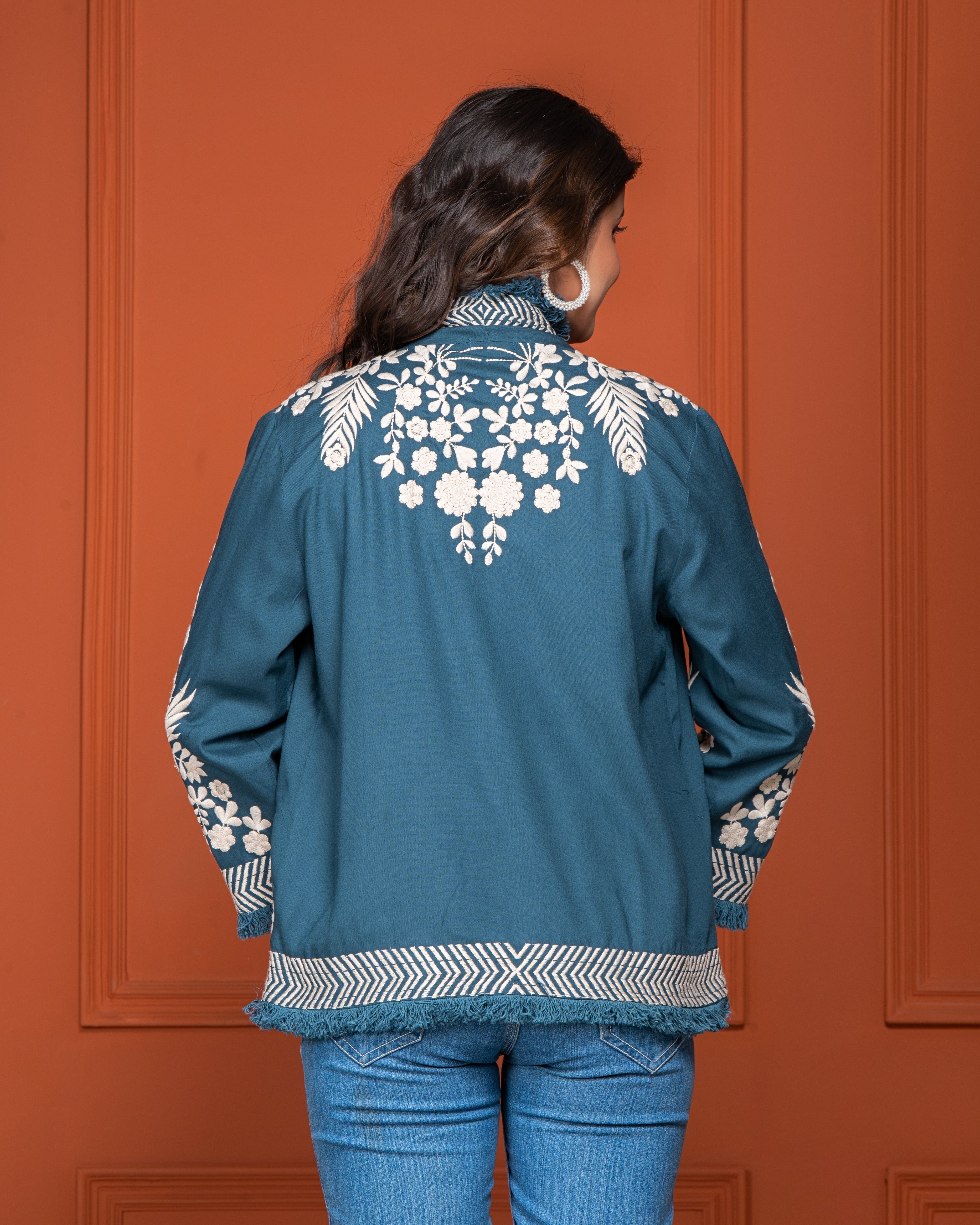 Teal Embroidered French Cotton Shrug