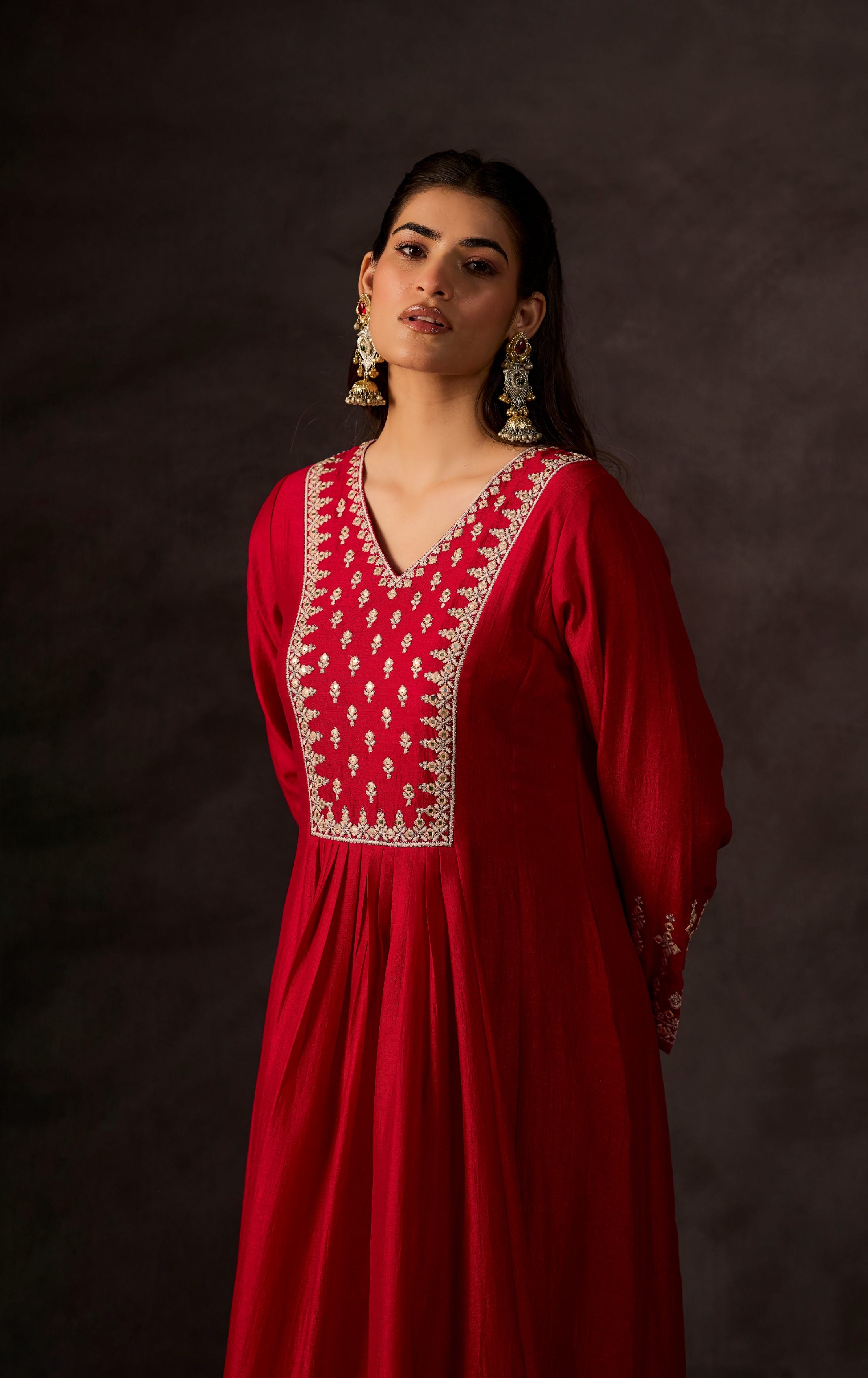 Red Embellished Raw Silk Anarkali Set