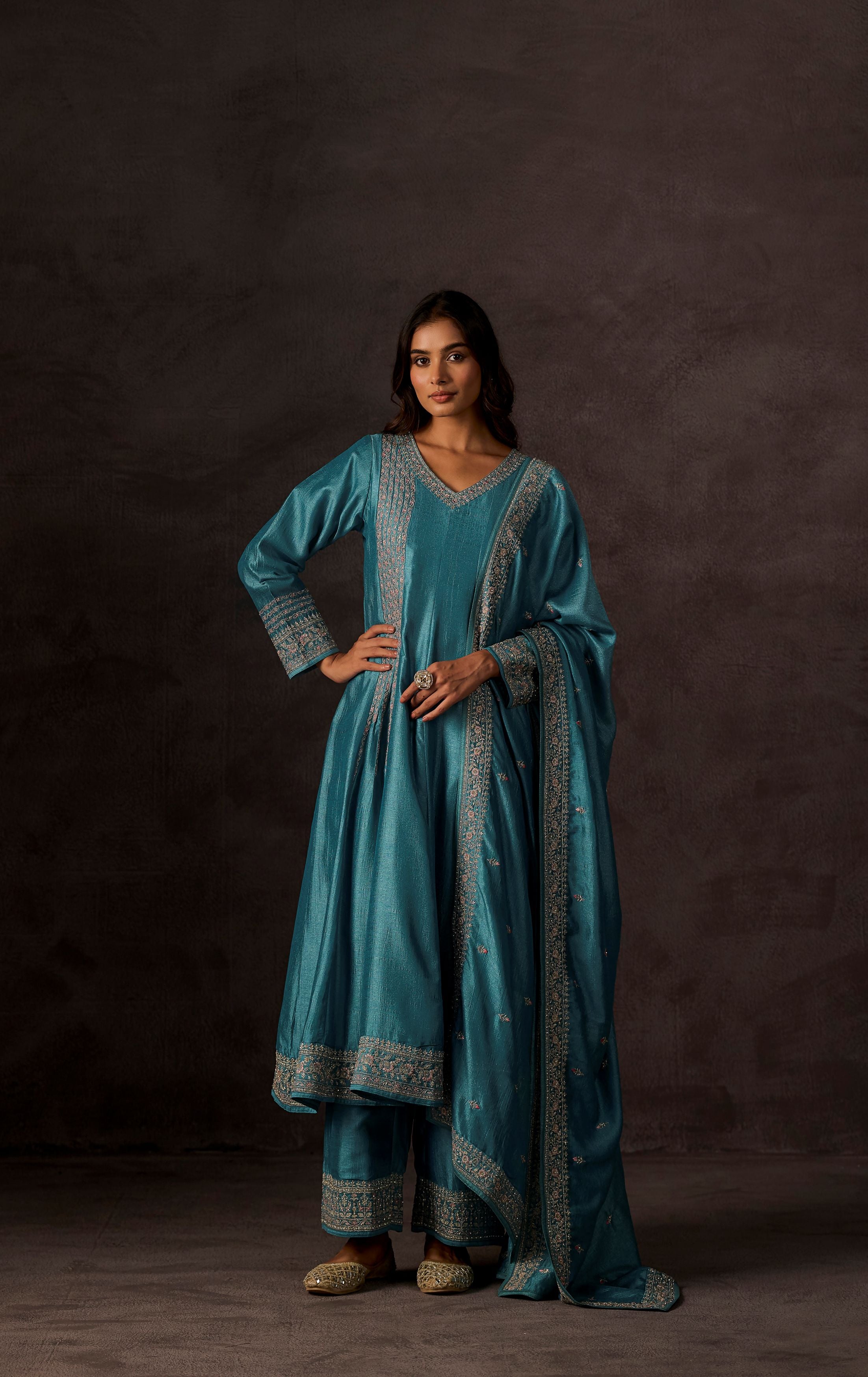 Pacific Blue Embellished Raw Silk Anarkali Set